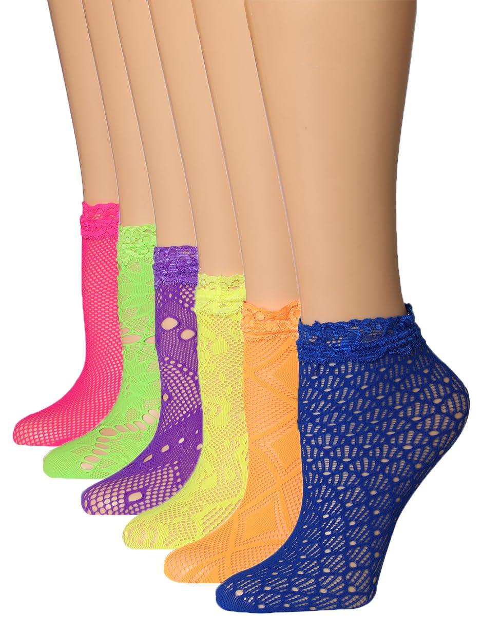 Women's 6 Pack Colorful Patterned Lace Anklet Socks with Ruffled Trim - Socks