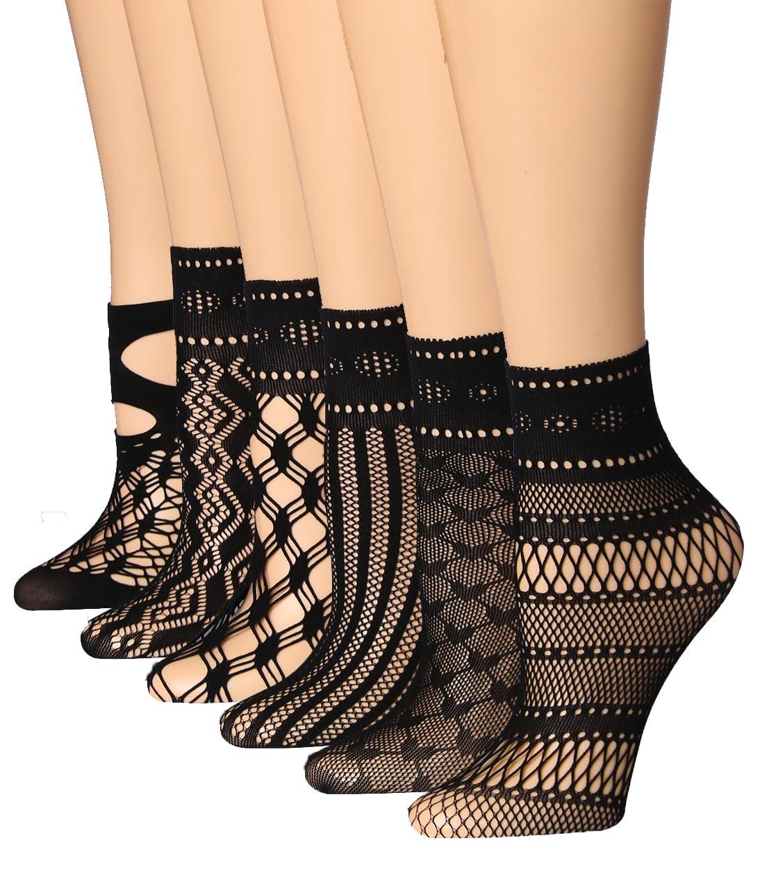 Women's 6 Pack Colorful Patterned Lace Anklet Socks with Ruffled Trim - Socks