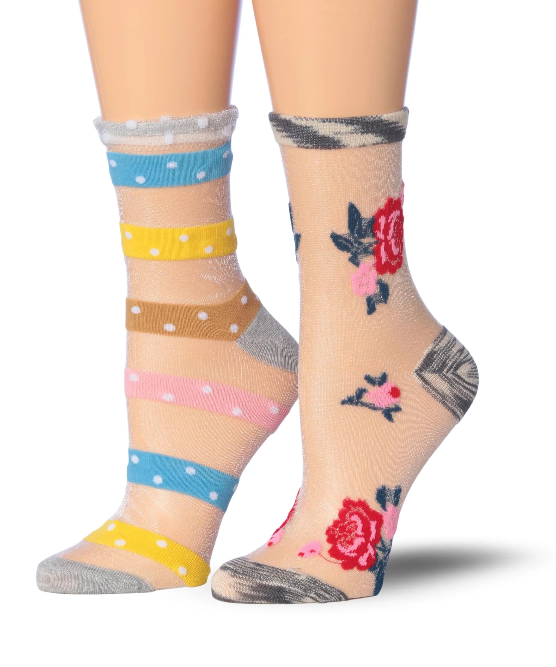 Womenƒ??s 2 Pairs Sheer Ankle Socks ƒ?? Vintage Bloom & Whimsical Stripes Mesh Fashion Set - Socks