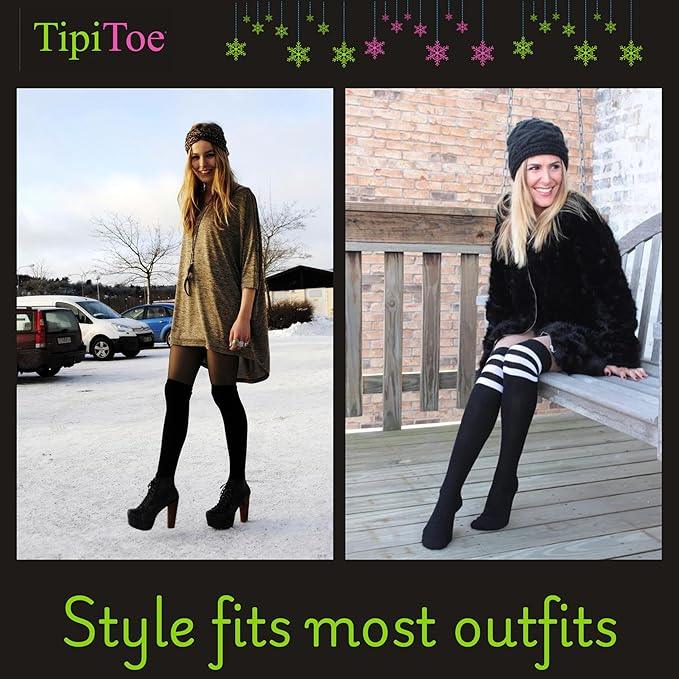 Isadora Paccini Women's 3 Pairs Black Triad Simple Solid Shades Over The Knee High Socks - Tipi Toe Socks