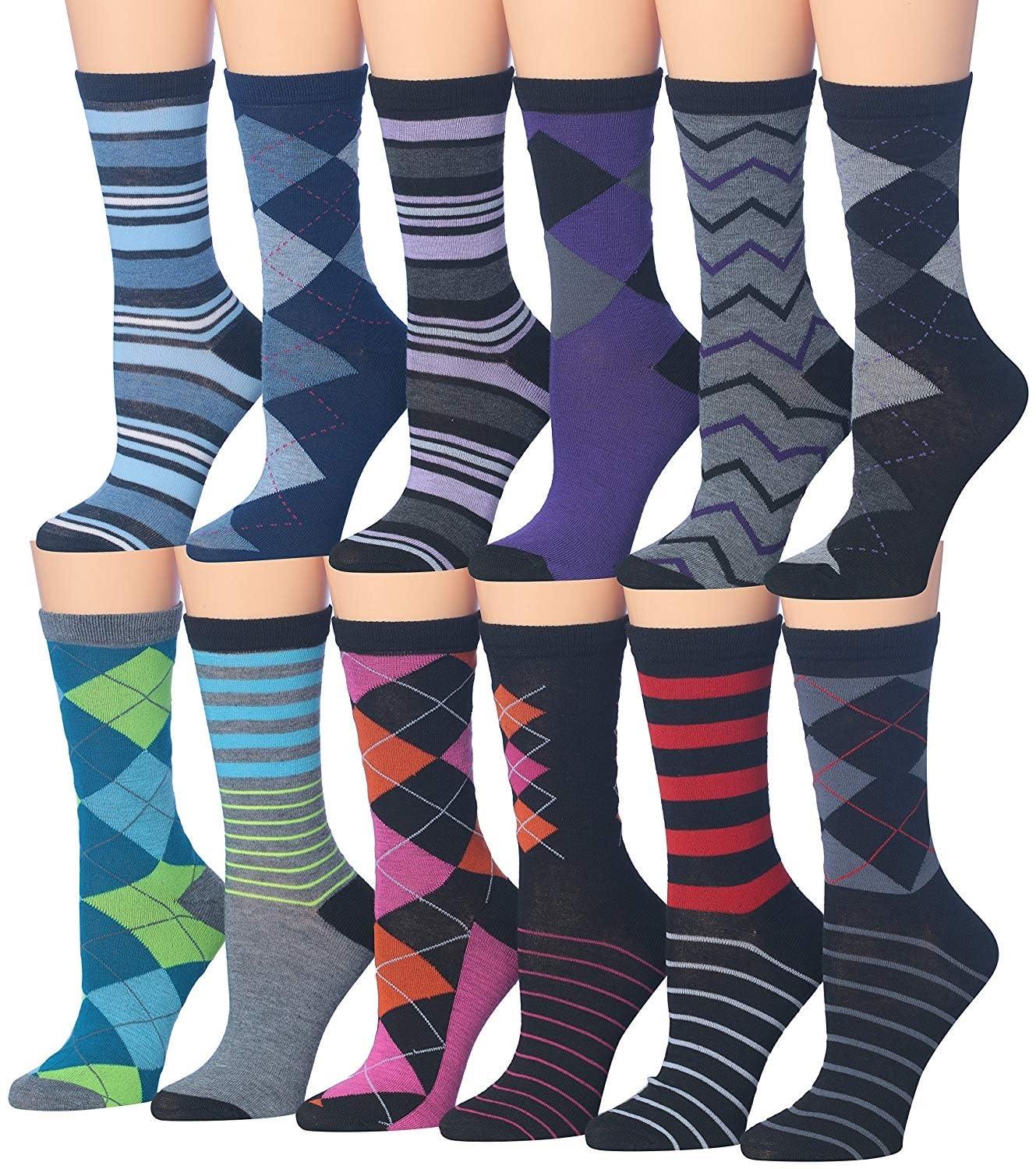 Women's Plus Size 12 Pairs Lightweight Colorful Striped Argyle Zigzag Geometric Patterned Crew Socks - Socks
