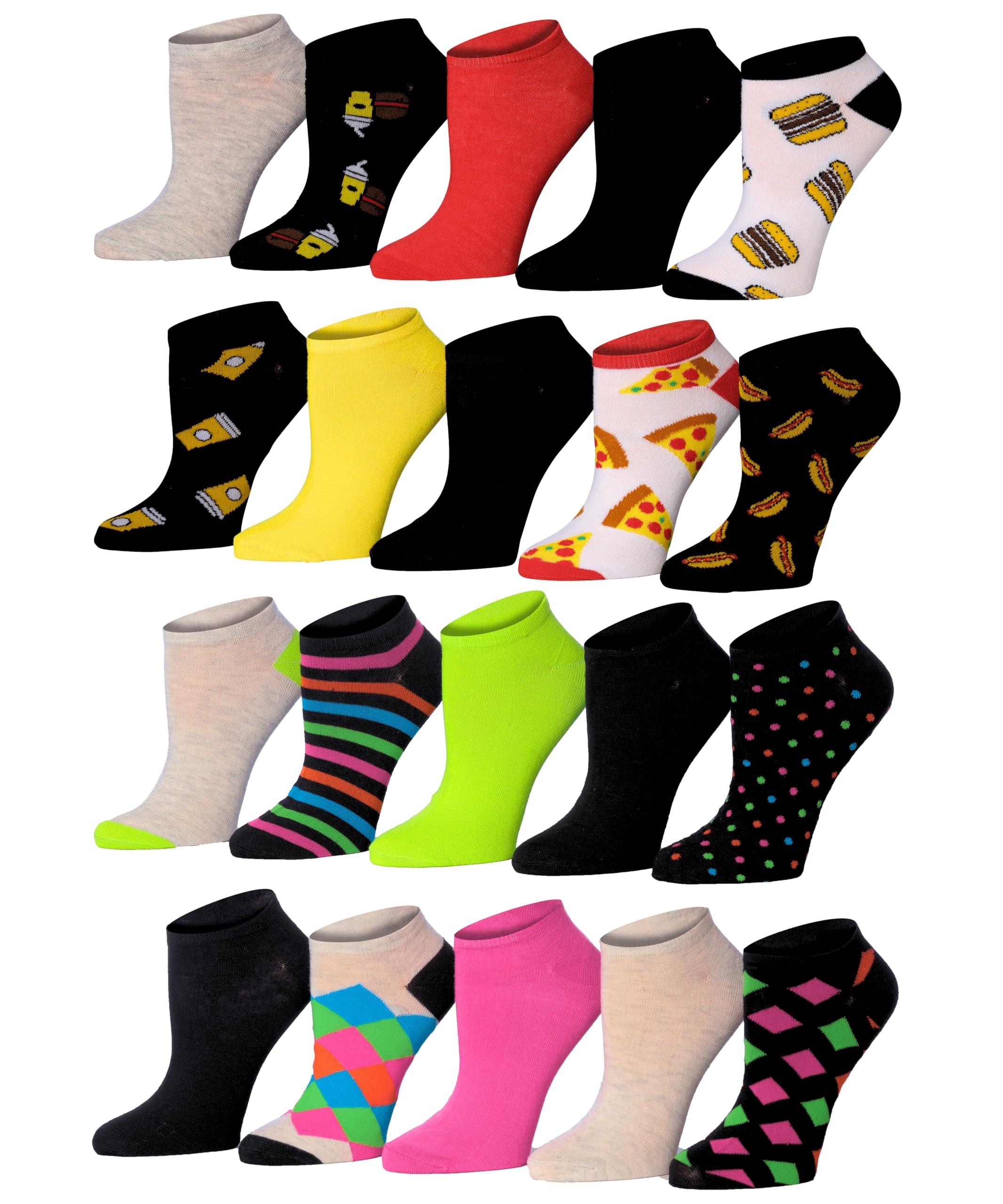 Women's & Girls 20 Pairs Snack Time Fiesta Colorful Patterned Ankle/Low Cut Socks - Socks