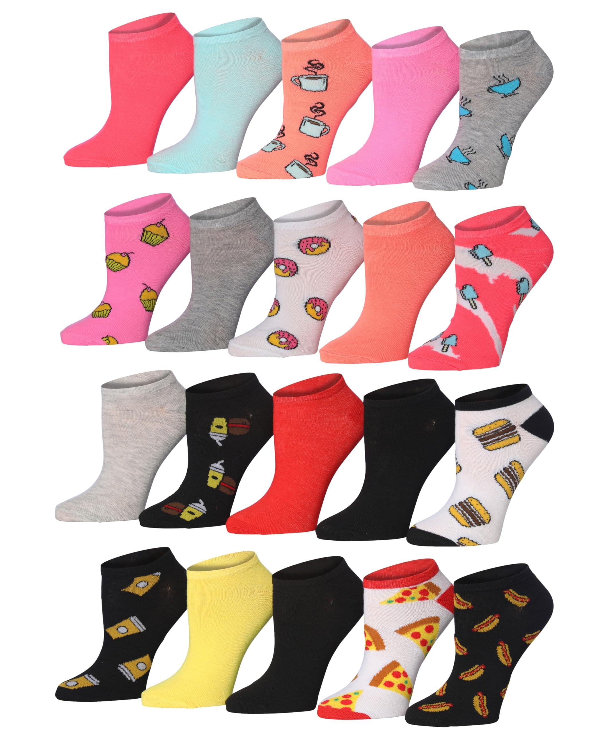 Women's & Girls 20 Pairs Snack Attack Colorful Patterned Ankle/Low Cut Socks - Socks