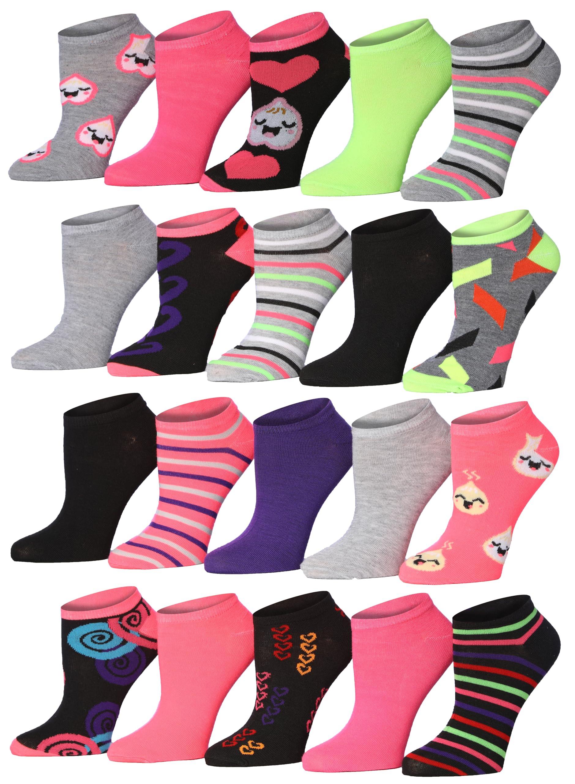 Women's & Girls 20 Pairs Emoji Glow Collection Colorful Patterned Ankle/Low Cut Socks - Socks