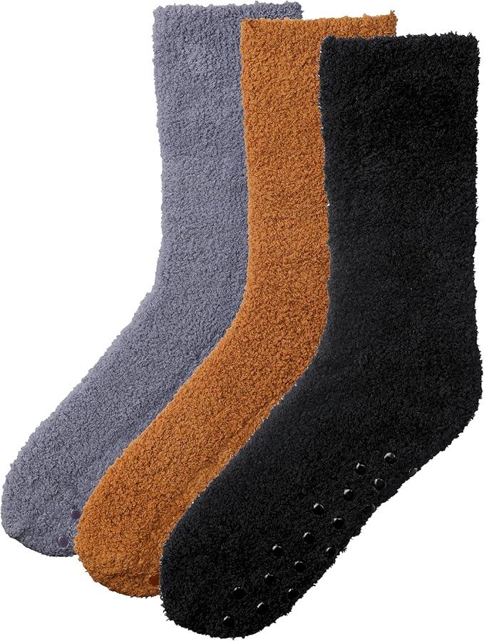 Men's 3-Pairs Classic Neutrals Patterned Solid Anti-Skid Soft Fuzzy Crew Socks - Socks