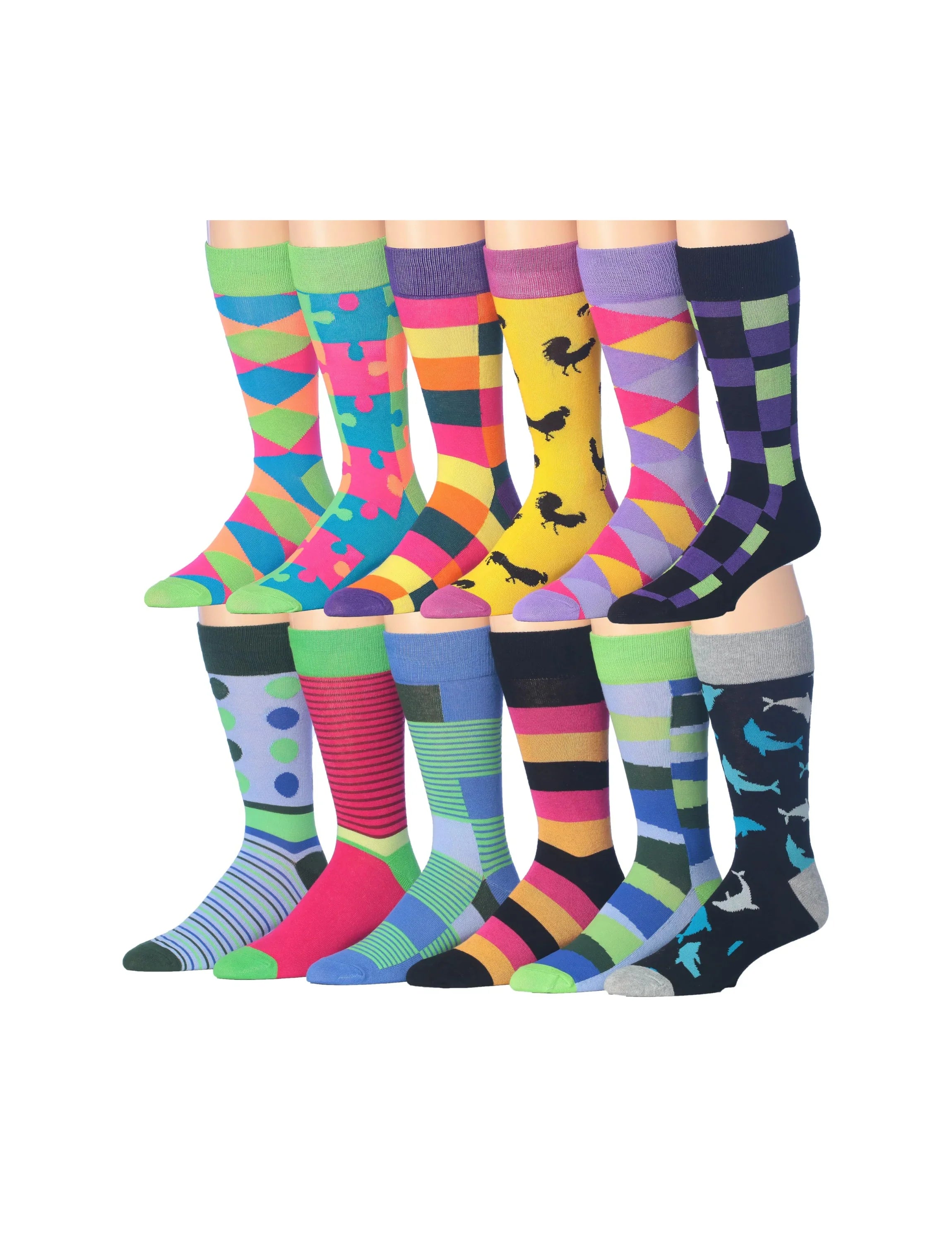 Men's 12 Pairs Vivid Jigsaw Colorful Elegant Funky Unique Pattern Dress Socks - Socks
