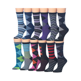 Women's Plus Size 12 Pairs Lightweight Colorful Striped Argyle Zigzag Geometric Patterned Crew Socks