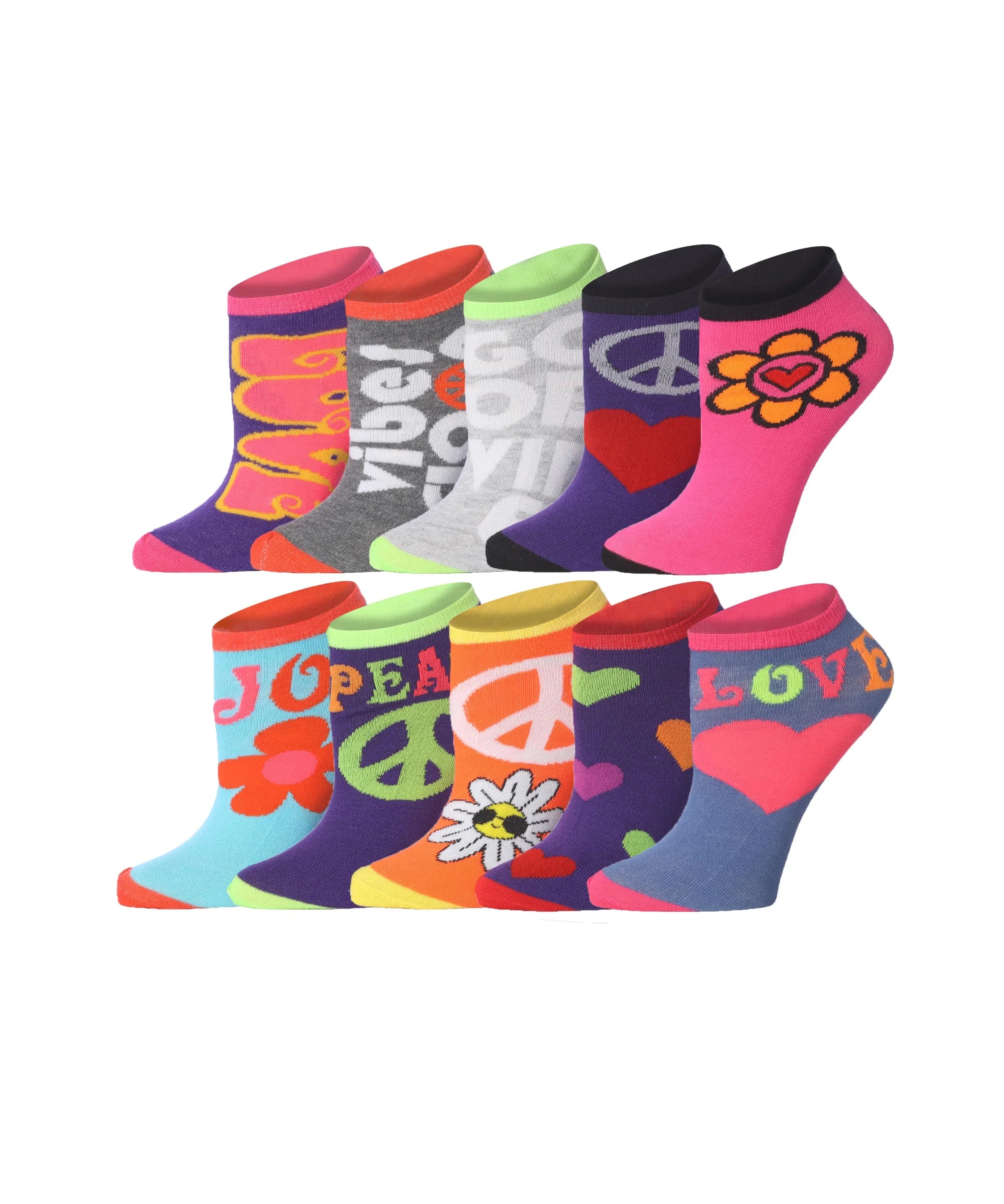 Womens 10 Pack Colorful Patterned Bright Floral Heart Vibes Ankle/Low Cut Socks - Socks