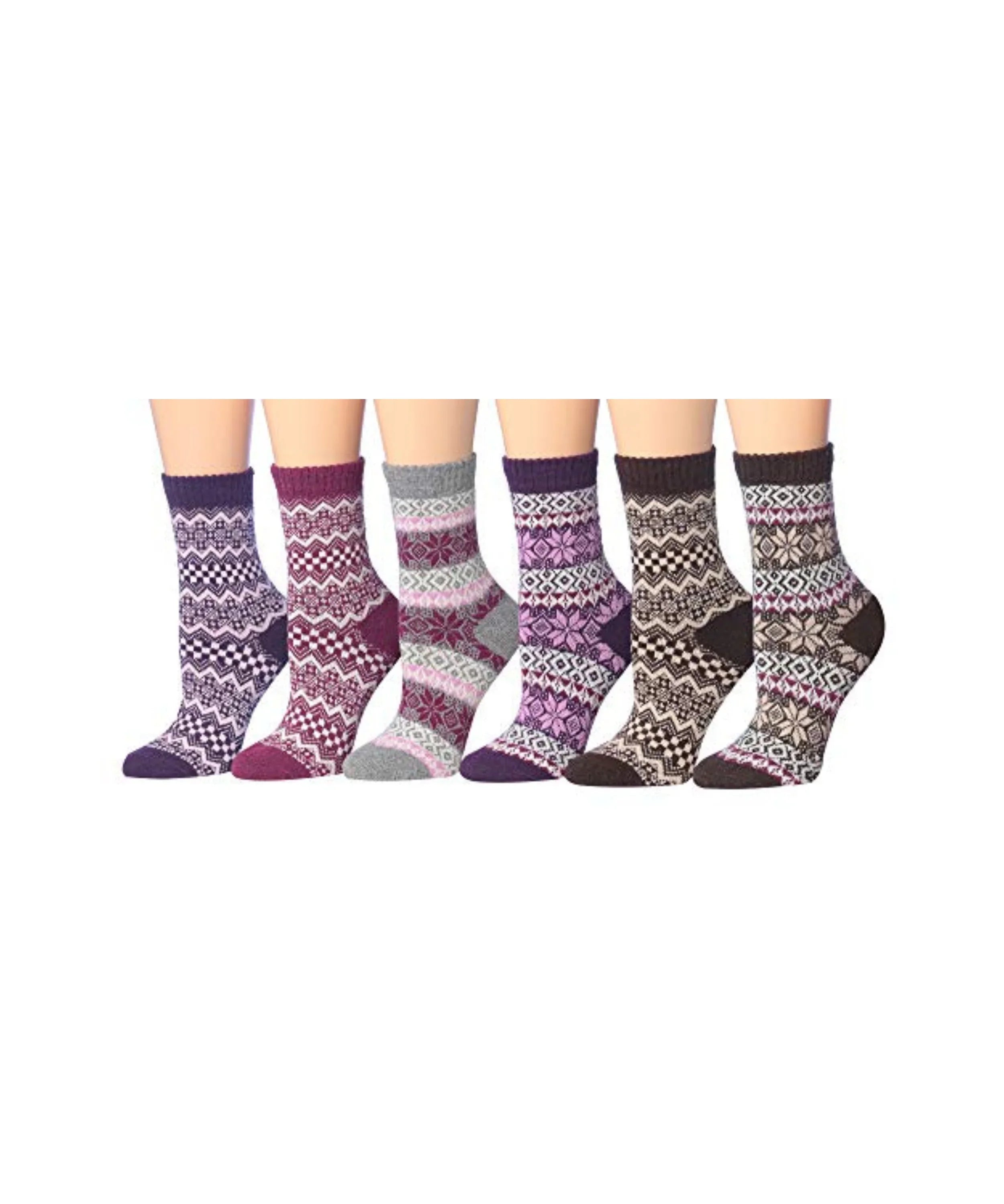 6-Pairs Women's Extra Warm Wool-Blend Pastels Earth Tones Checkered Charm Crew Boot Socks - Socks