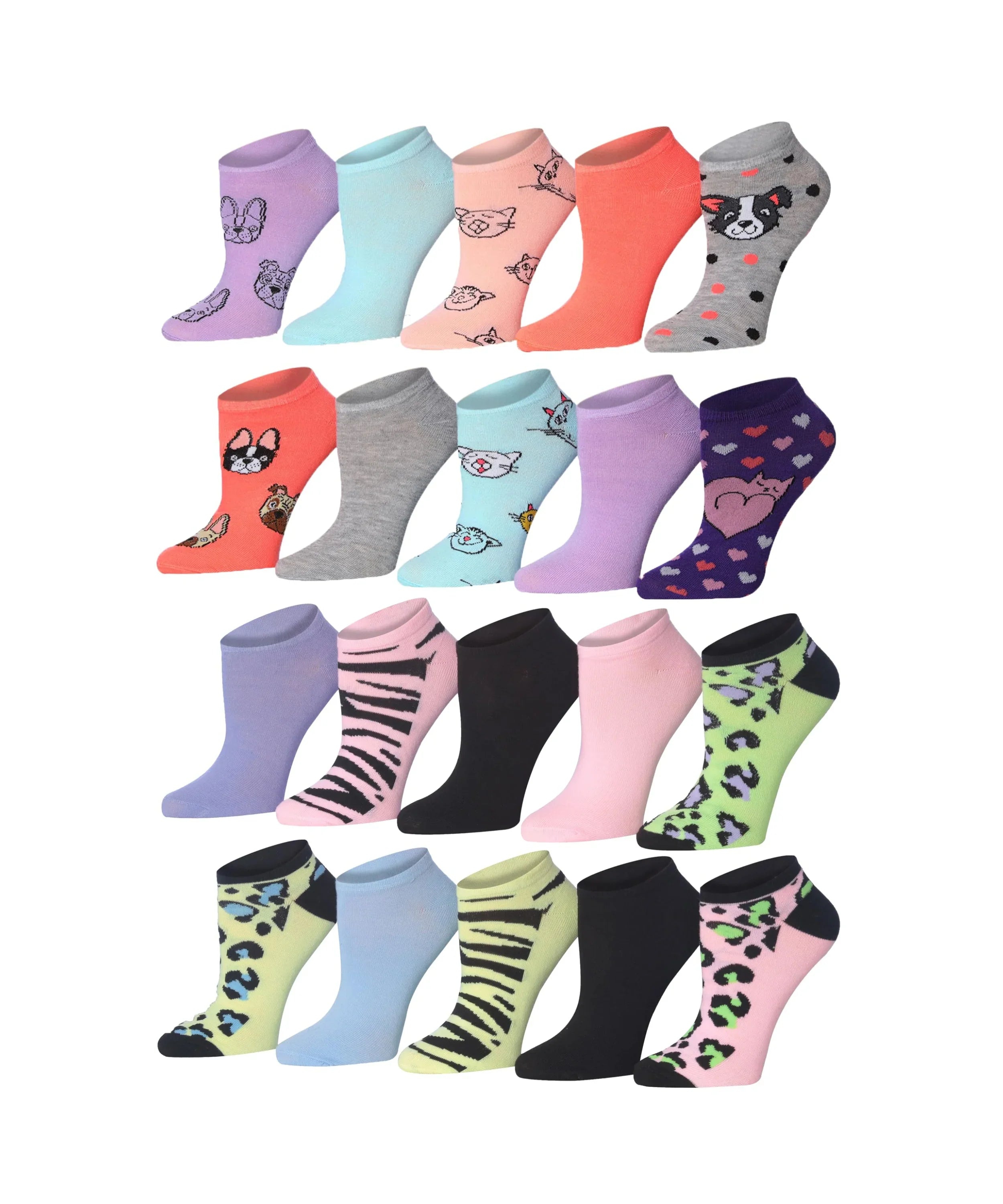 Women's & Girls 20 Pairs Animal Parade Colorful Patterned Ankle/Low Cut Socks - Socks