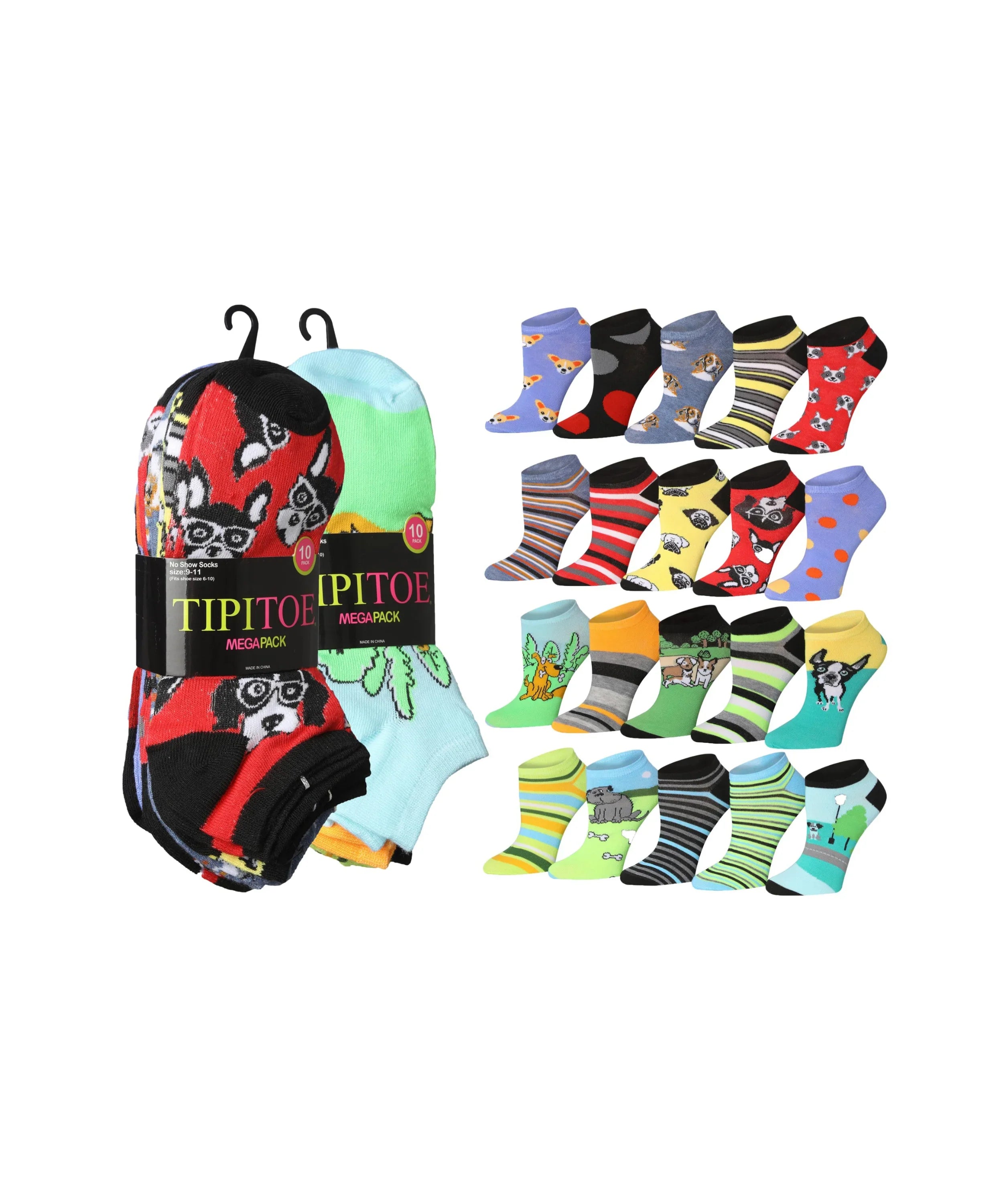 Womens 20 Pack Colorful Puppy Parade Patterned Low Cut/No Show Socks - Socks