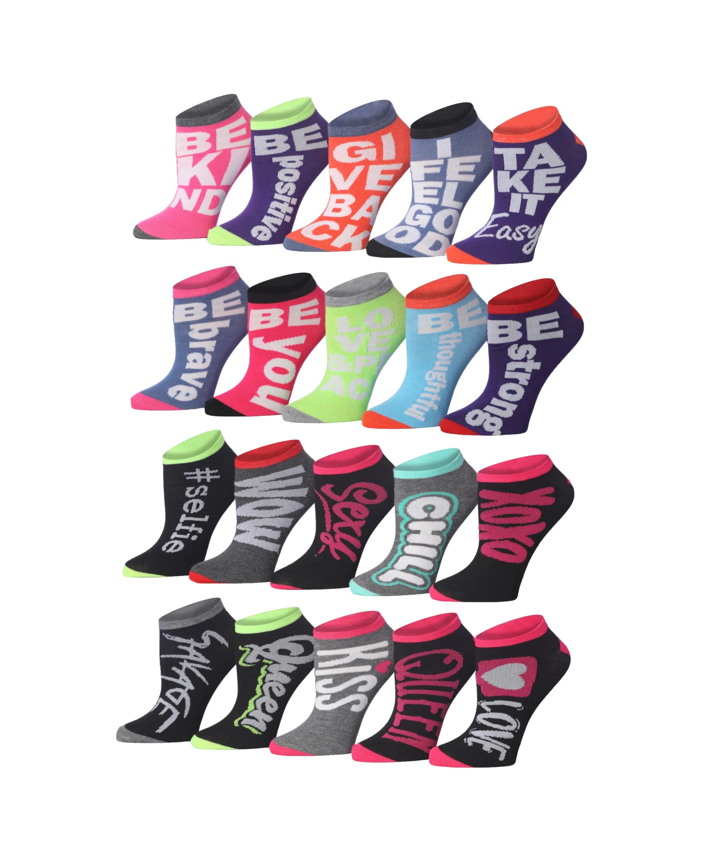 Womens 20 Pack Colorful Patterned Heartfelt Positivity Ankle/Low Cut Socks - Socks