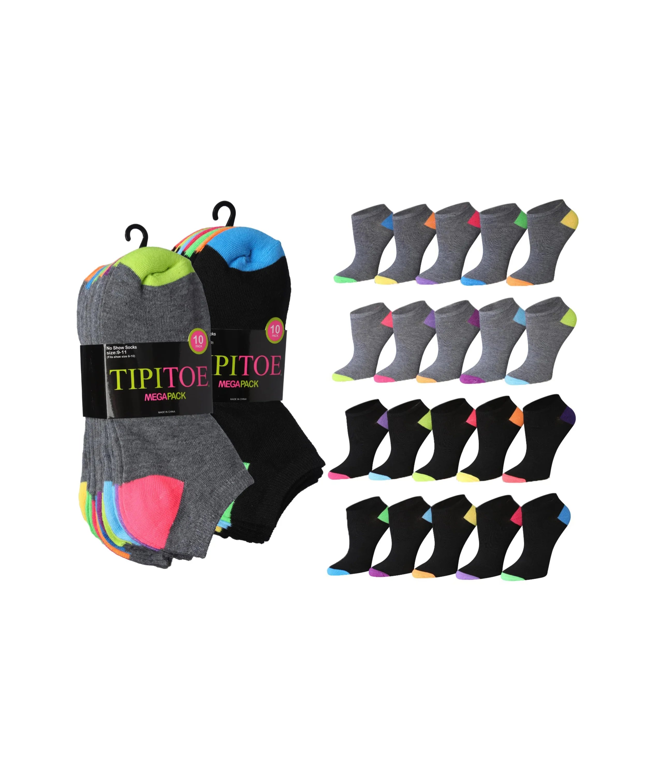 Women's 20 Pairs Black & Grey With Color Block Heel & Toe Designs Low Cut/No Show Socks - Socks