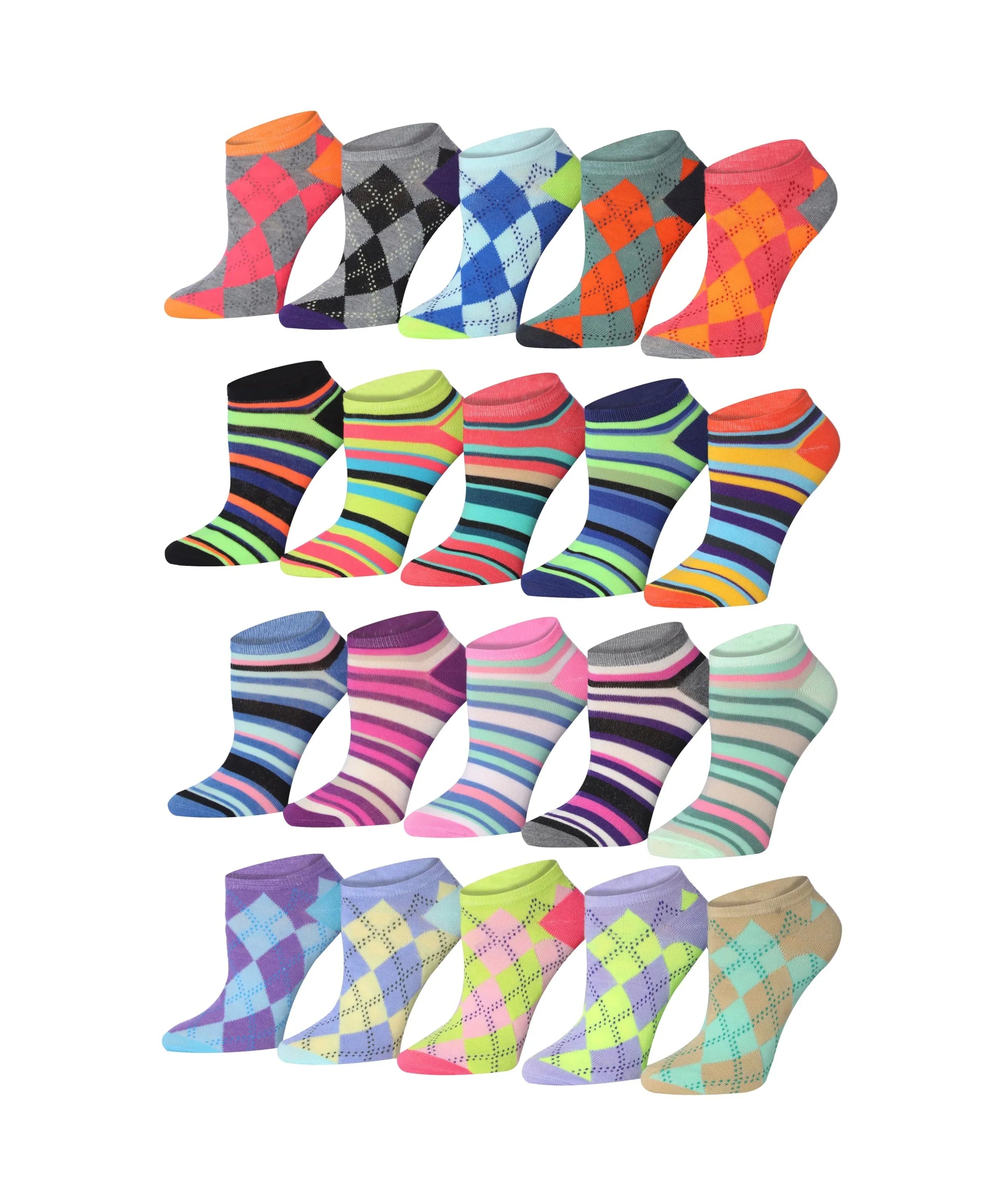 Women's & Girls 20 Pairs Vivid Mix Colorful Patterned Ankle/Low Cut Socks - Socks