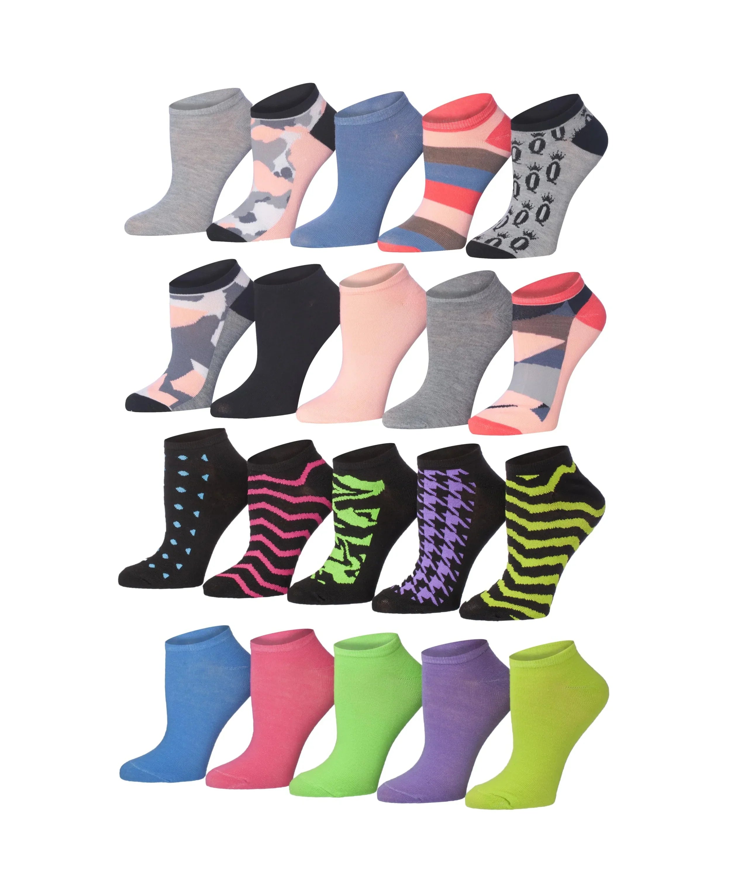 Women's & Girls 20 Pairs Colorful Patterned Everyday Neutrals & Playful Prints Cute Ankle Socks For Women - Socks