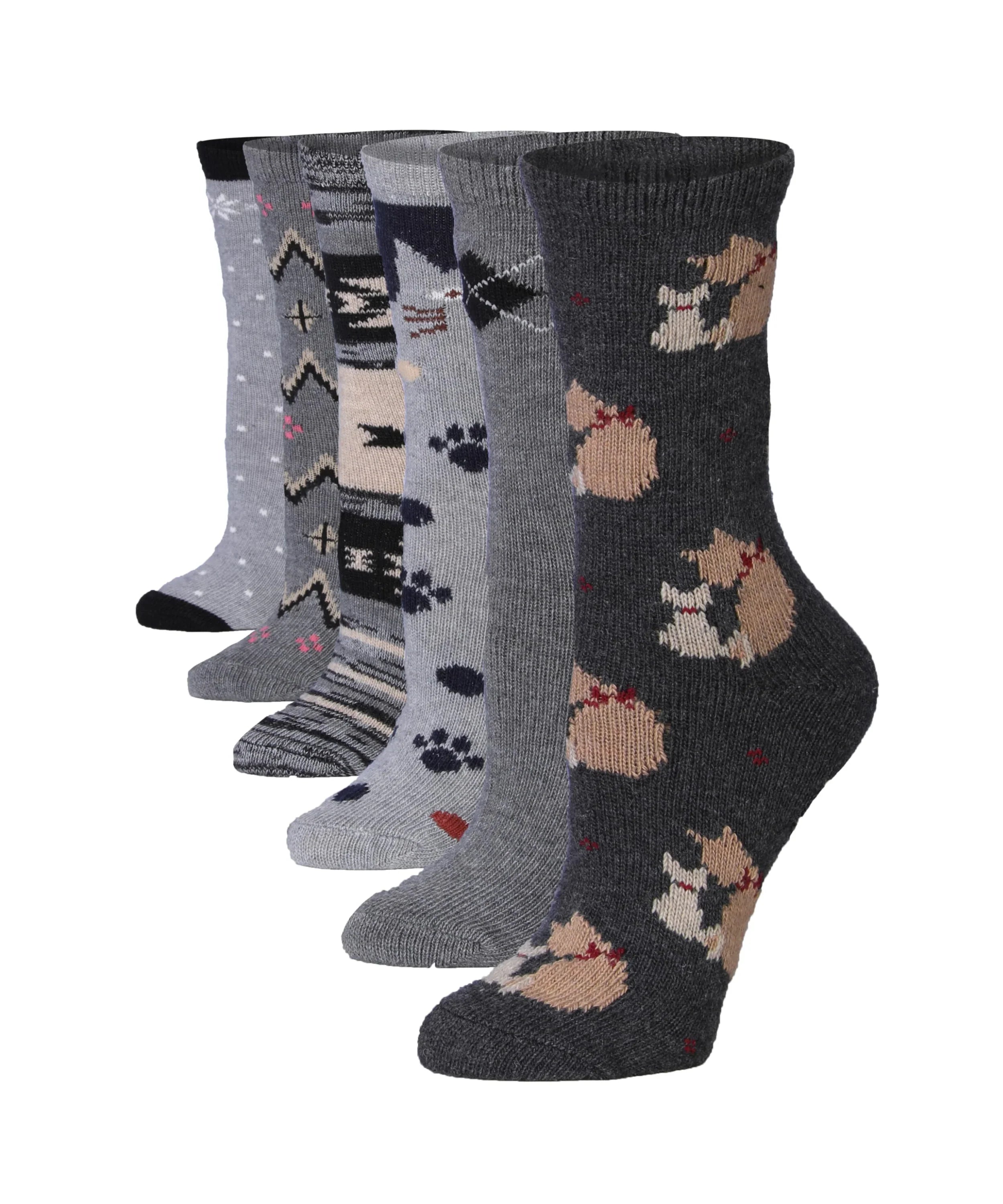 6-Pairs Women's Extra Warm Wool-Blend Grey Tone Dots Zigzags Paws Patterned Crew Boot Socks - Socks