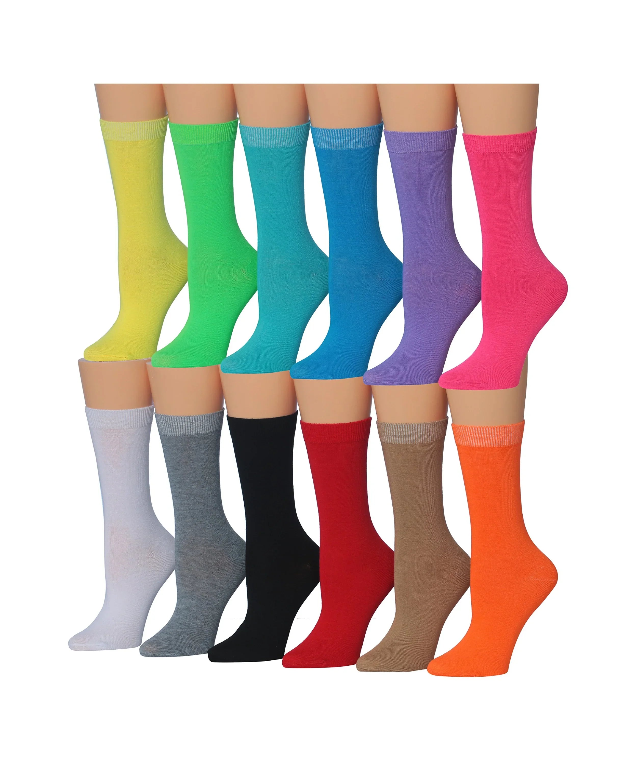 Women's 12-Pairs Lightweight Yellow Green Blue Fun Light Colored Crew Socks - Tipi Toe Socks