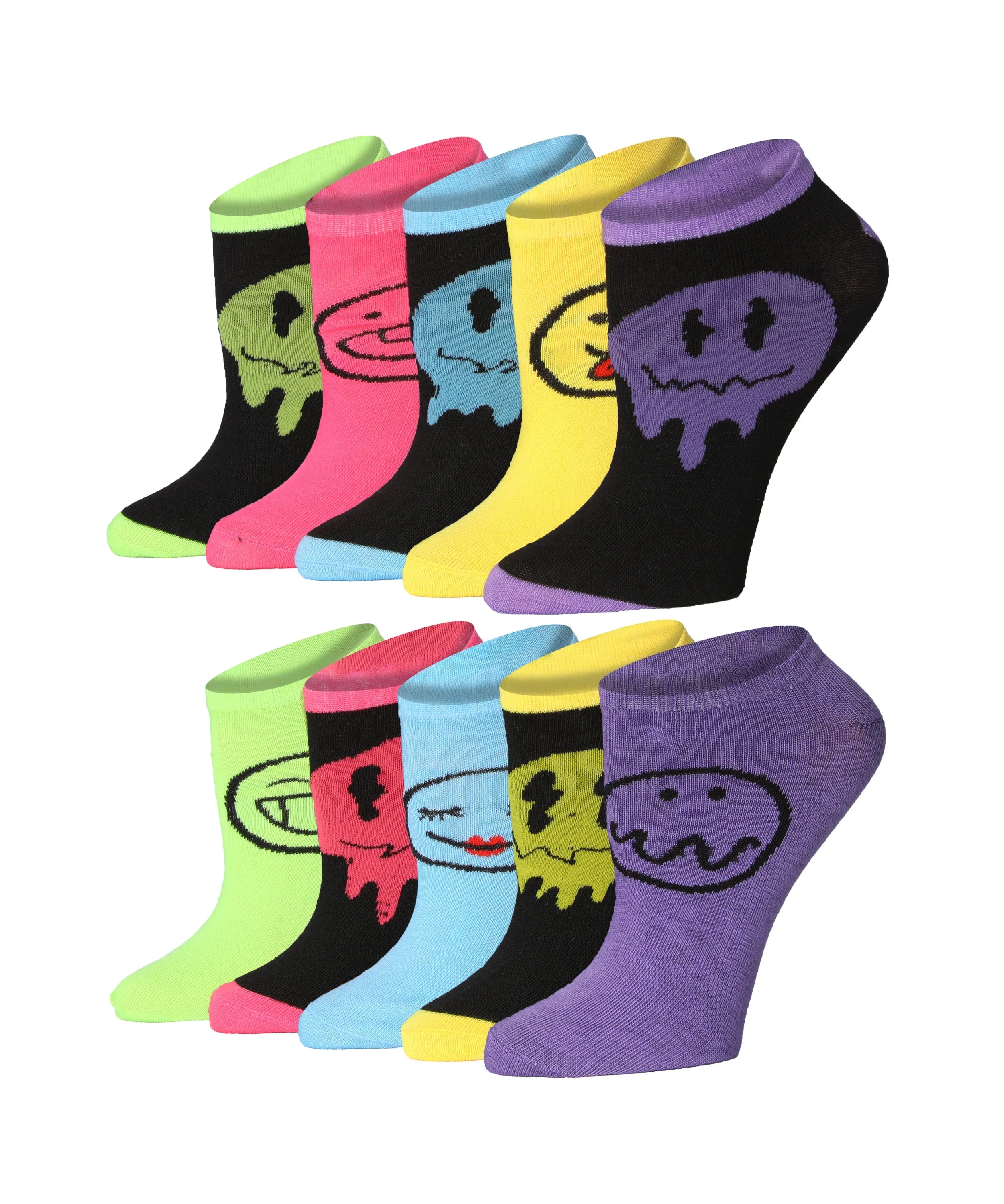 Women's & Girls 10 Pairs Smiley Ooze Colorful Patterned Ankle/Low Cut Socks - Socks