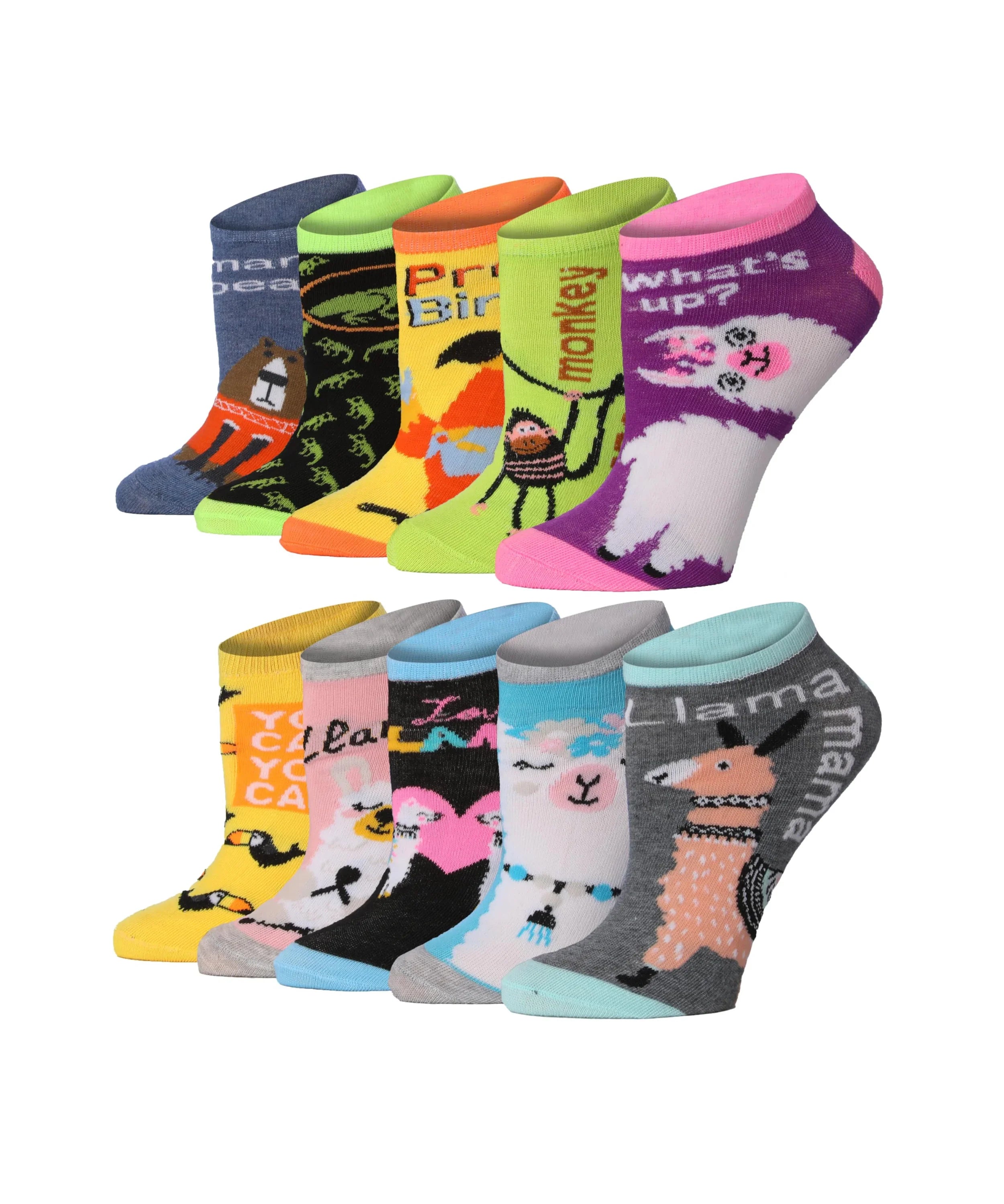 Women's & Girls 10 Pairs Critter Carnival Colorful Patterned Ankle/Low Cut Socks - Socks