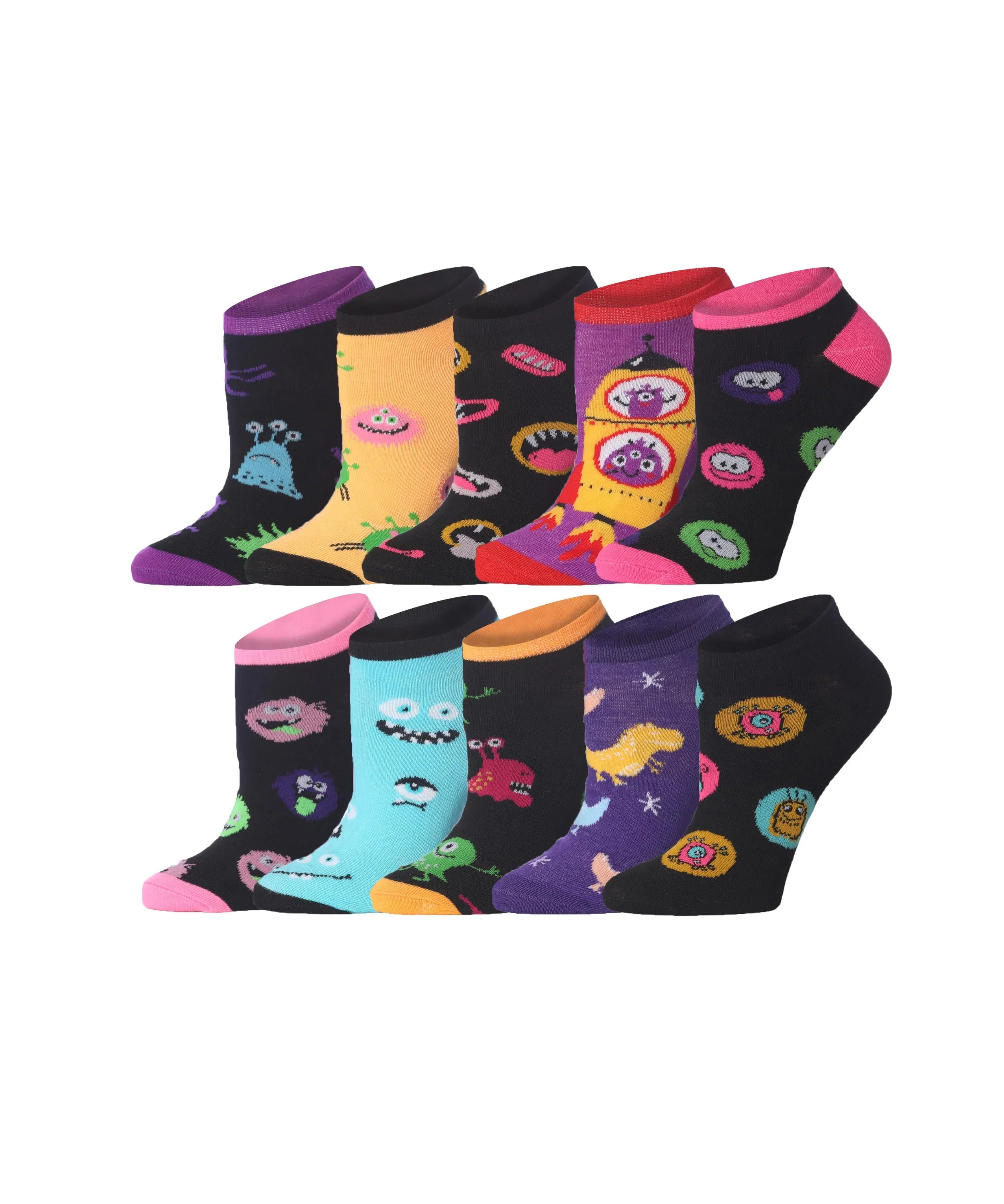 Tipi Toe Womens 10 Pack Colorful Patterned Playful Monster Mix Ankle/Low Cut Socks - Tipi Toe Socks