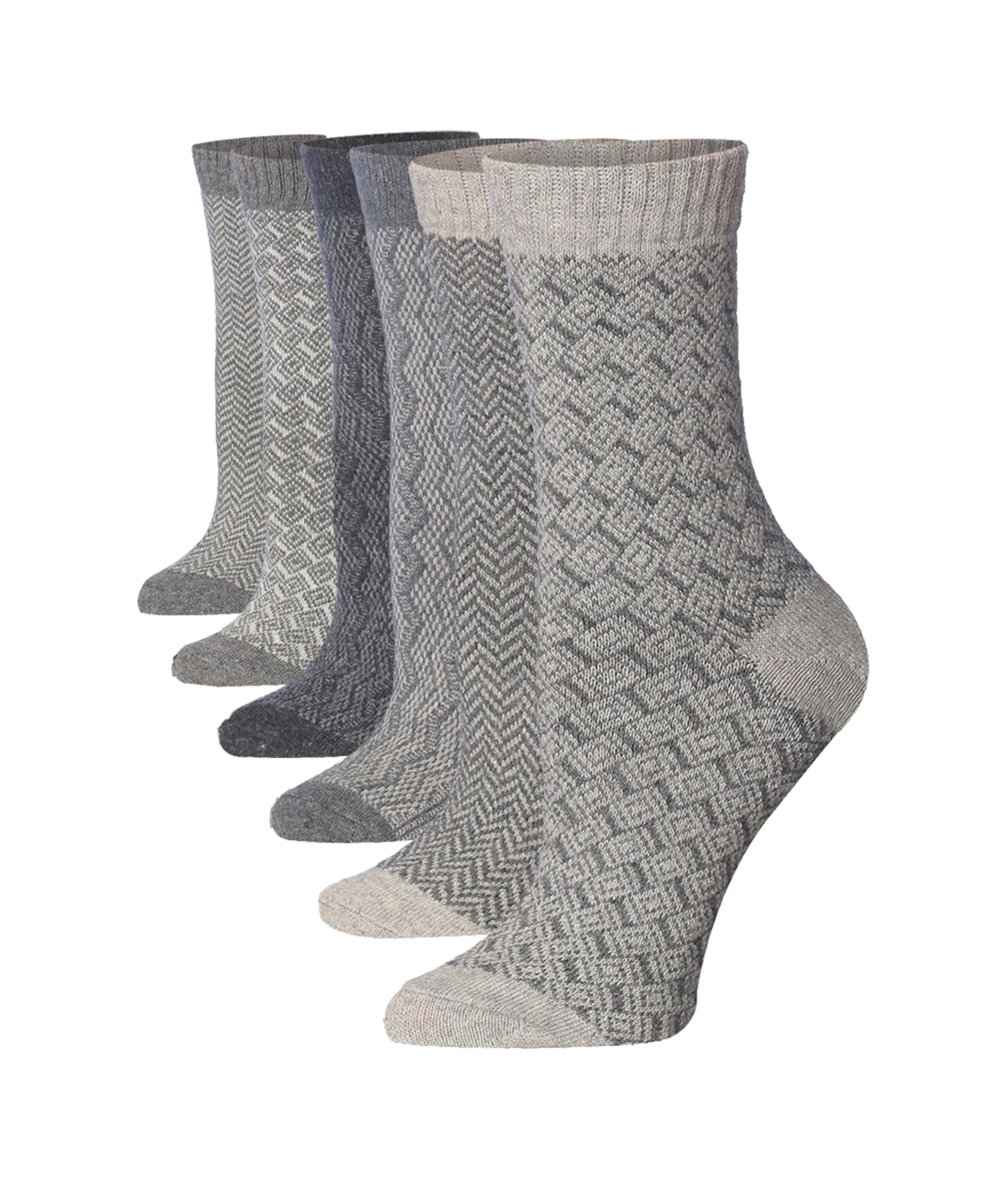 Tipi Toe 6 Pairs Women's Extra Warm Wool-Blend Grey Gradient Blackened Jacquard Jewels Crew Boot Socks - Tipi Toe Socks