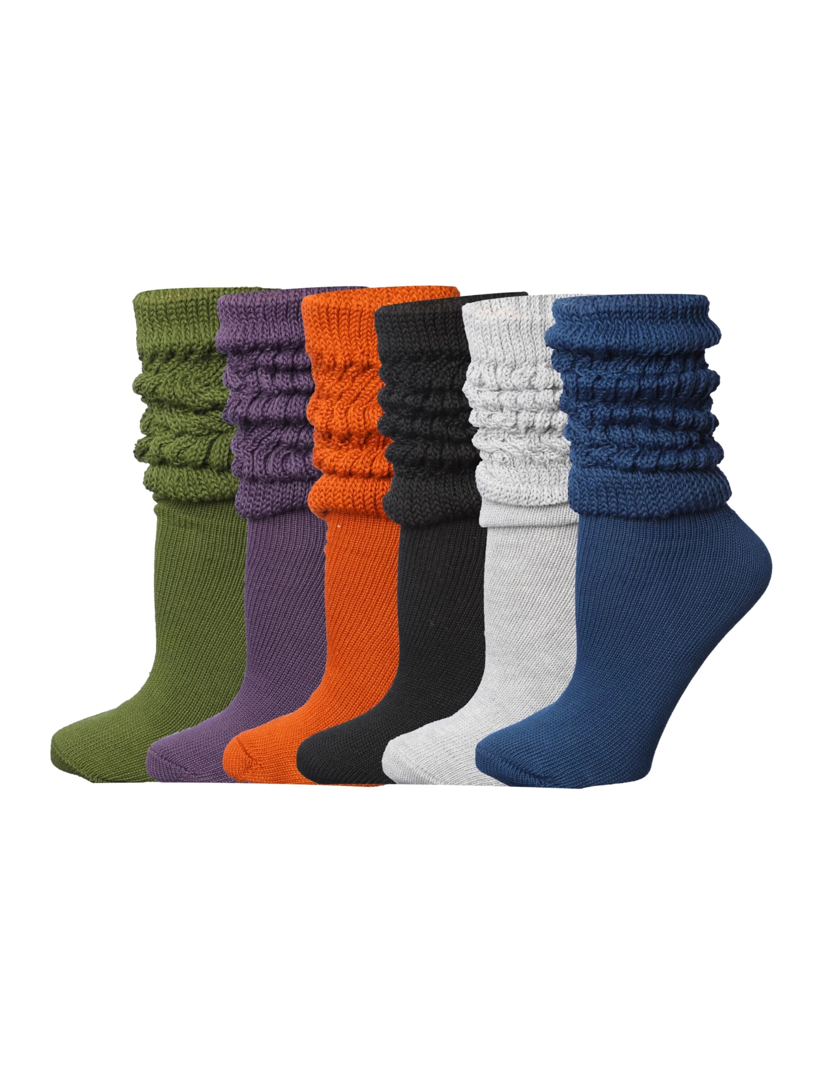 6 pack Women's Slouch Socks Knee High Boot Eclectic Elegance Palette of Black Blue Grey Green Violet Orange Warm Cozy Long Scrunch Socks - Socks