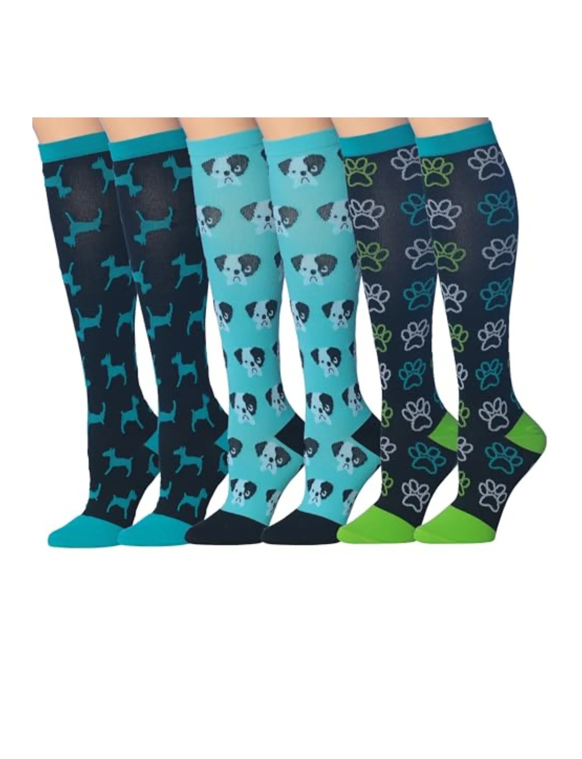 3-Pairs Compression Socks for Men & Women Doggy Delights Dark Blue Cyan and White Paw Prints Patterned Knee High Socks (12-14 mmHg) - Socks