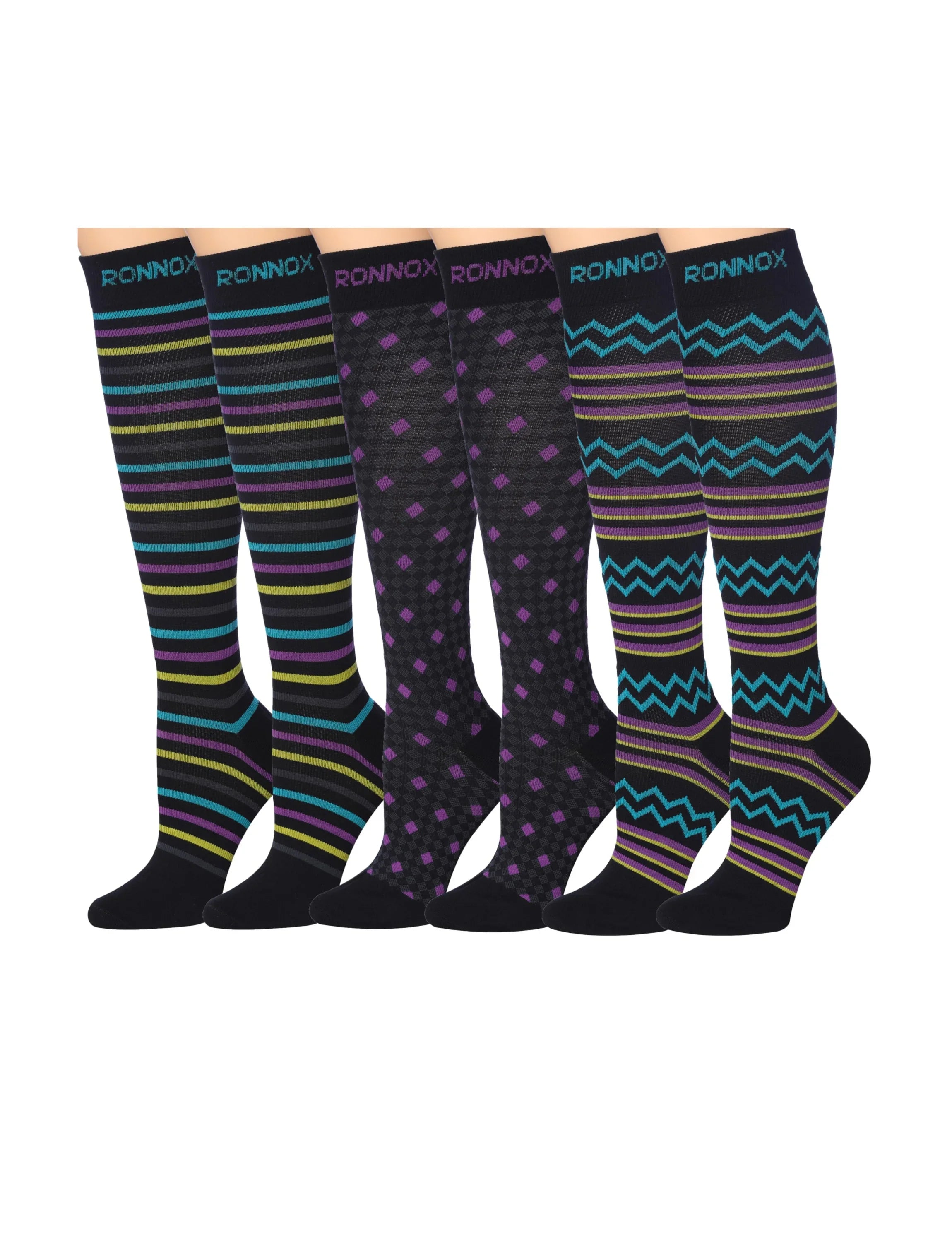 3-Pairs Compression Socks for Men & Women Wavy Wonderful Black Cyan Waves Violet-Yellow Dotted & Stripes Patterned Knee High Socks (12-14 mmHg) - Socks