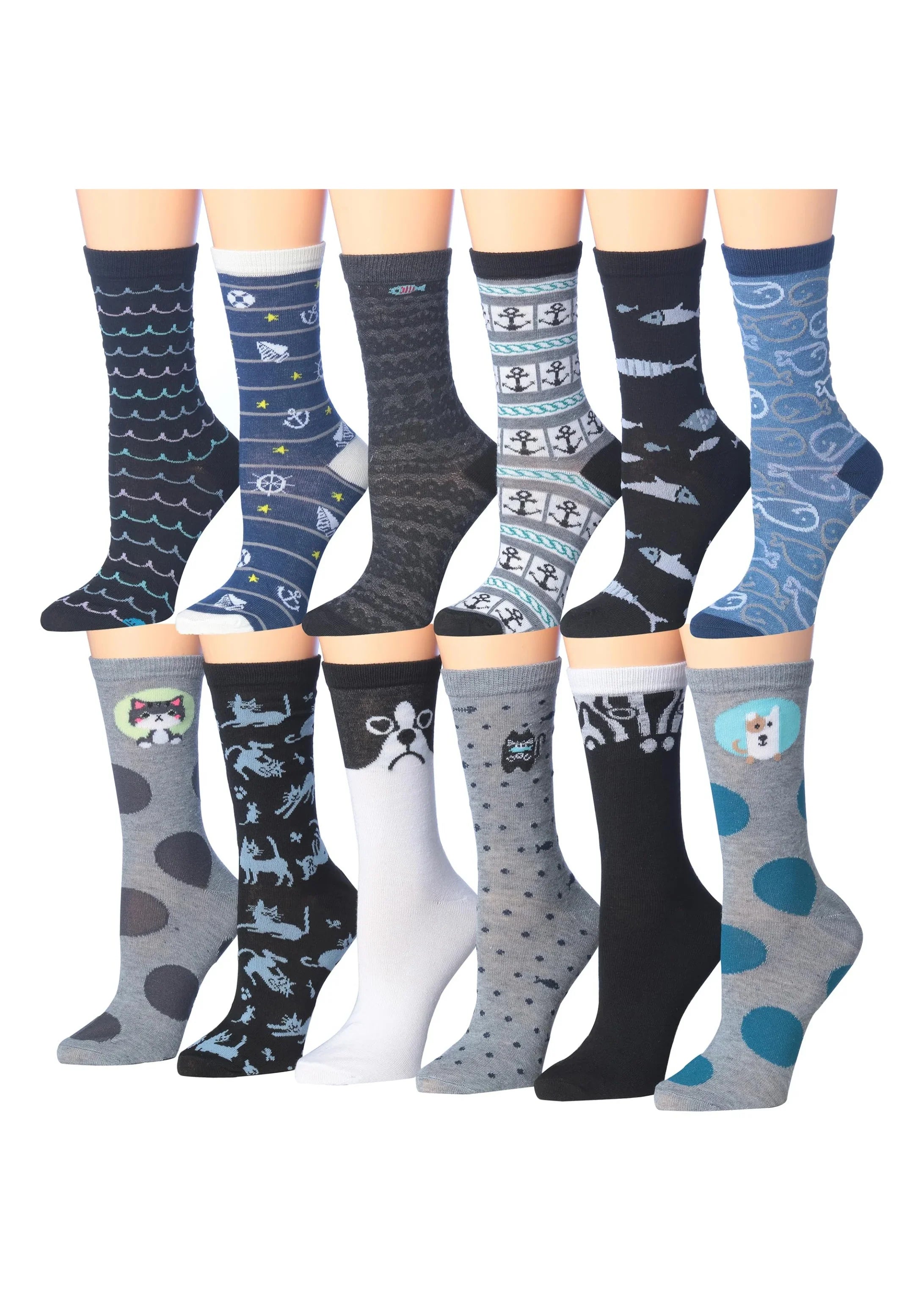 Women's 12 Pairs Lightweight Crew Socks ƒ?? Colorful Fish & Cat Patterns - Socks