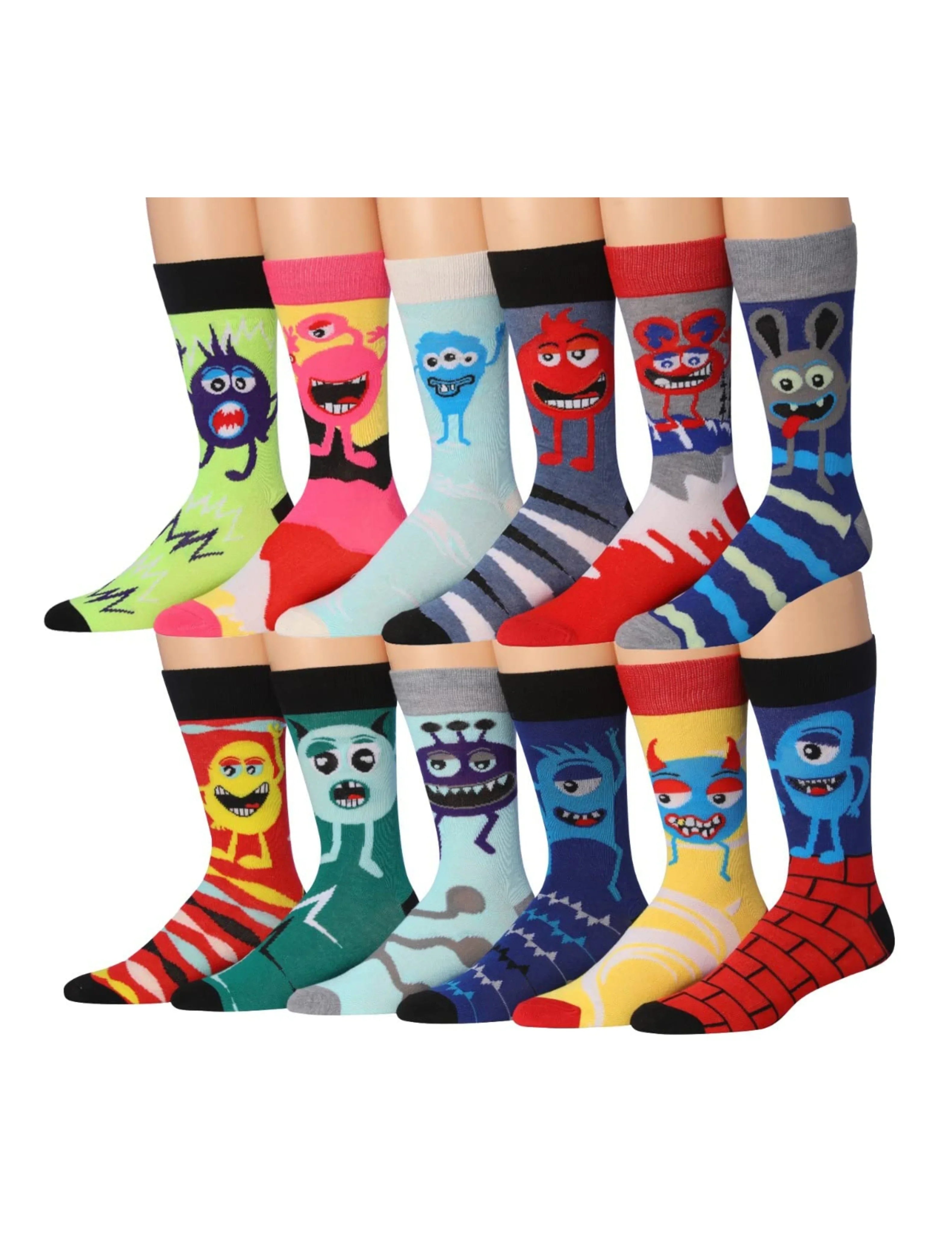 Men's 12 Pairs Casual Novelty Monster Mash Colorful Patterned Dress Socks for Men - Socks