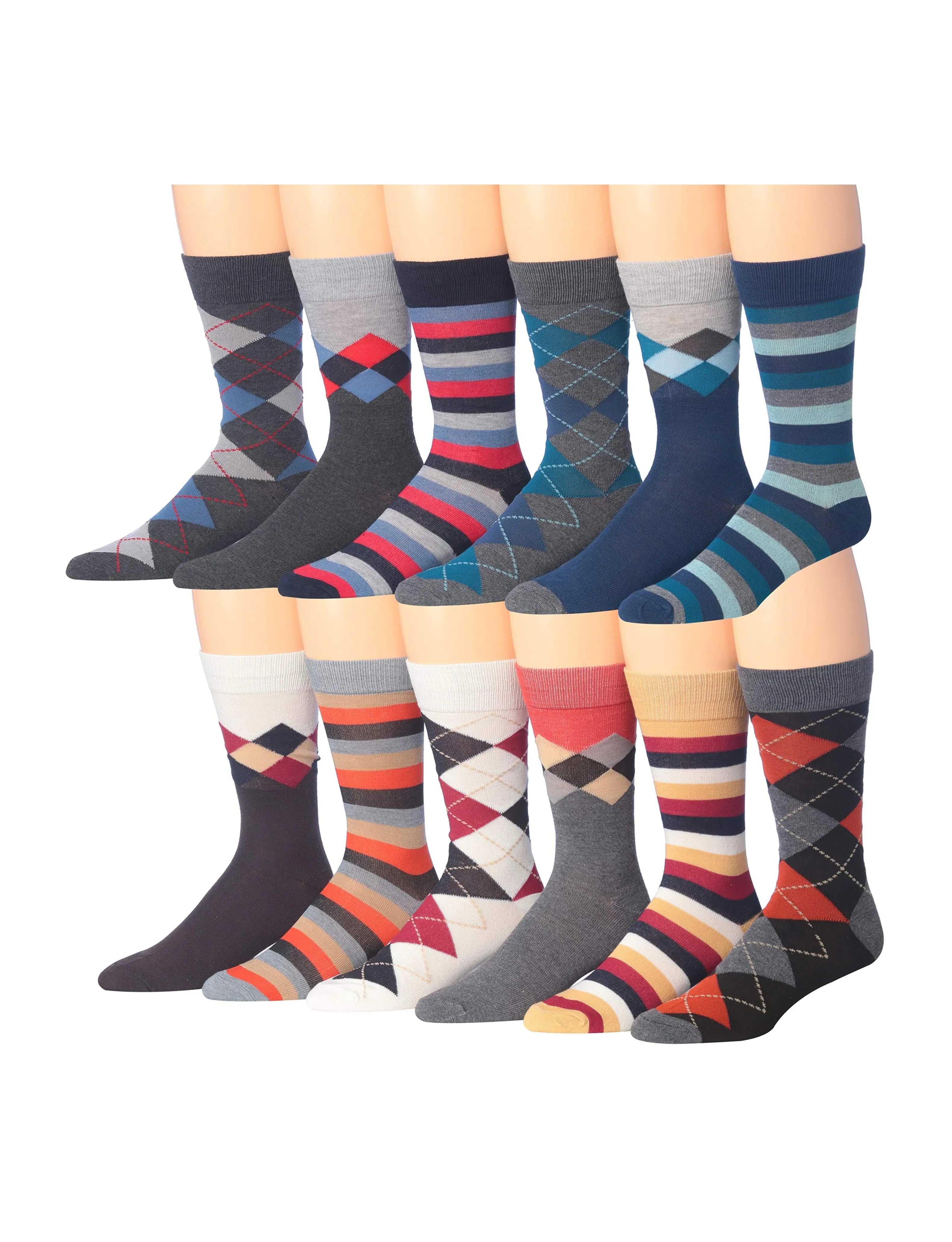 Men's 12 Pairs Casual Novelty Stripe & Argyle Colorful Patterned Dress Socks for Men - Socks