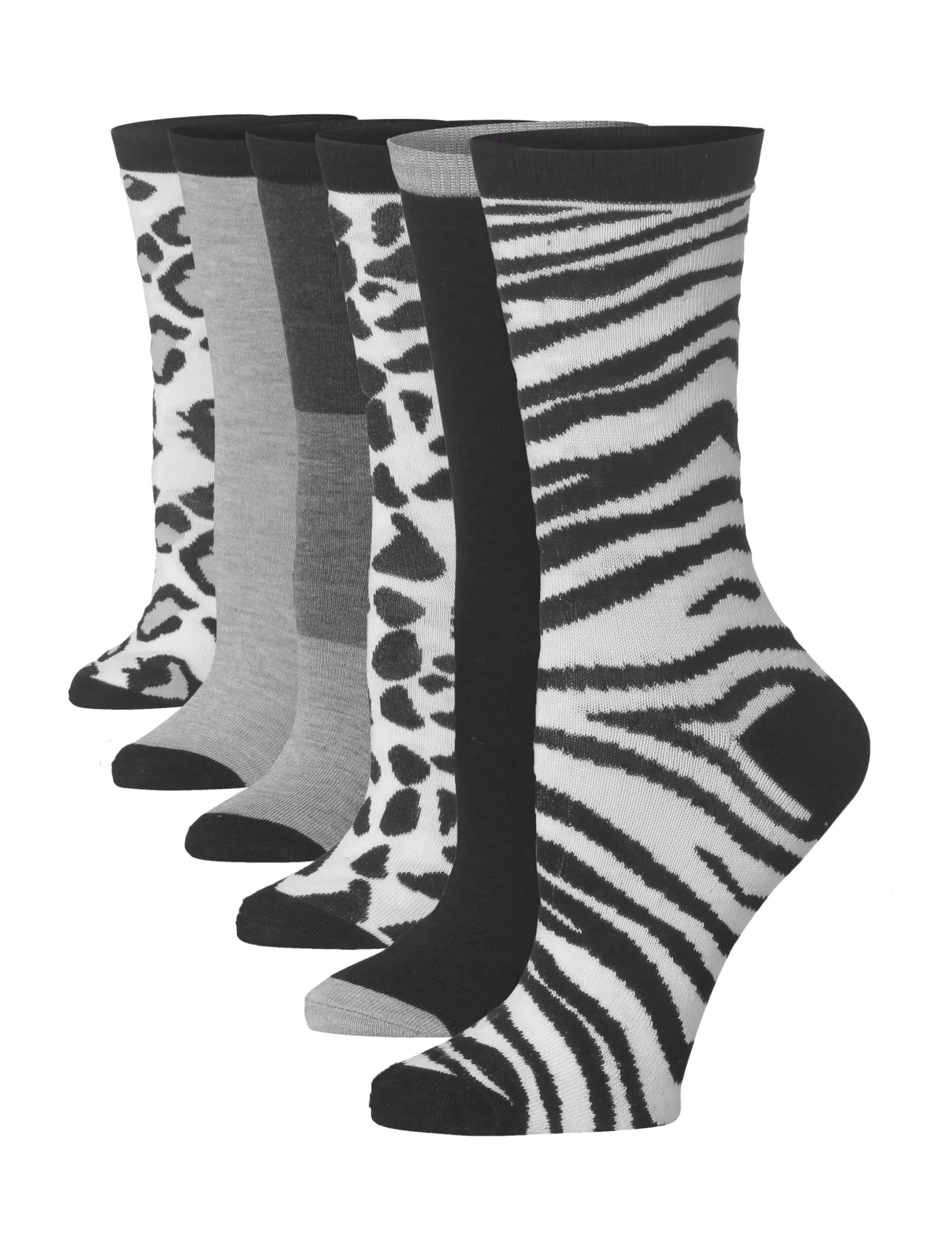 Women's 6-Pairs Monochrome Funky Wild Animal Instincts Patterned Crew Dress Socks - Socks