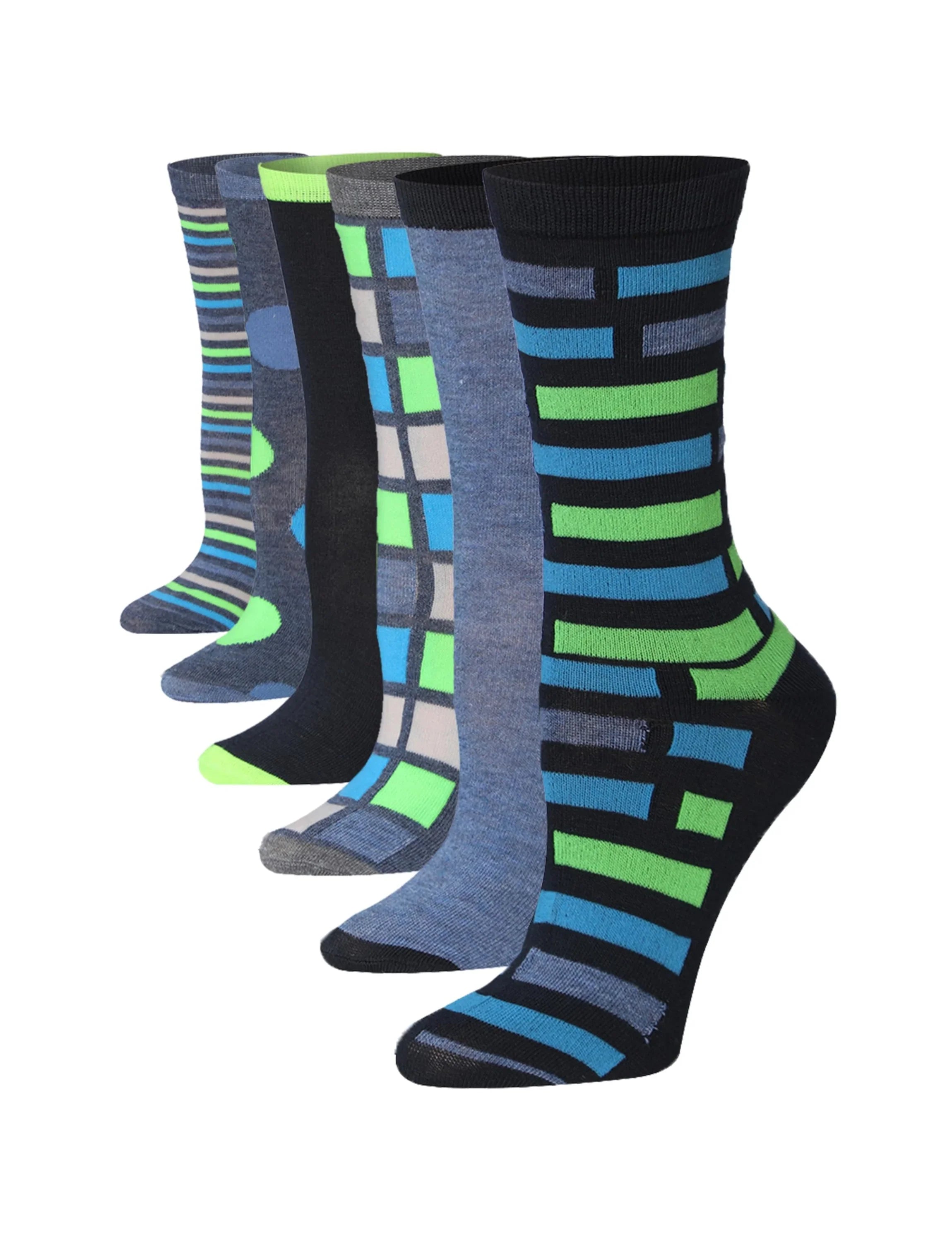 Women's 6-Pairs Colorful Chromatic Funky Dots Shapes Stripes Patterned Crew Dress Socks - Socks