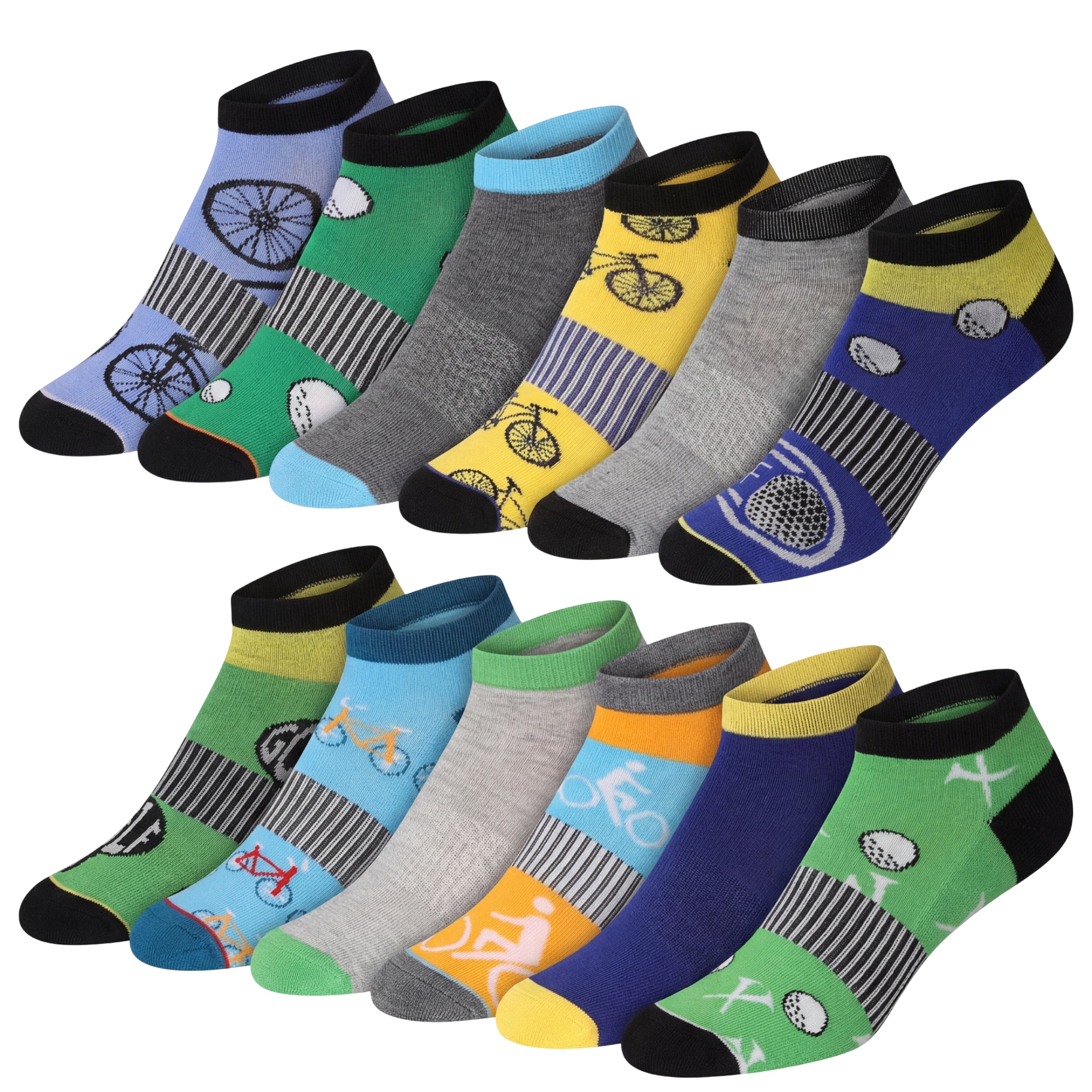 Set of colorful socks with bicycle designs on a white background