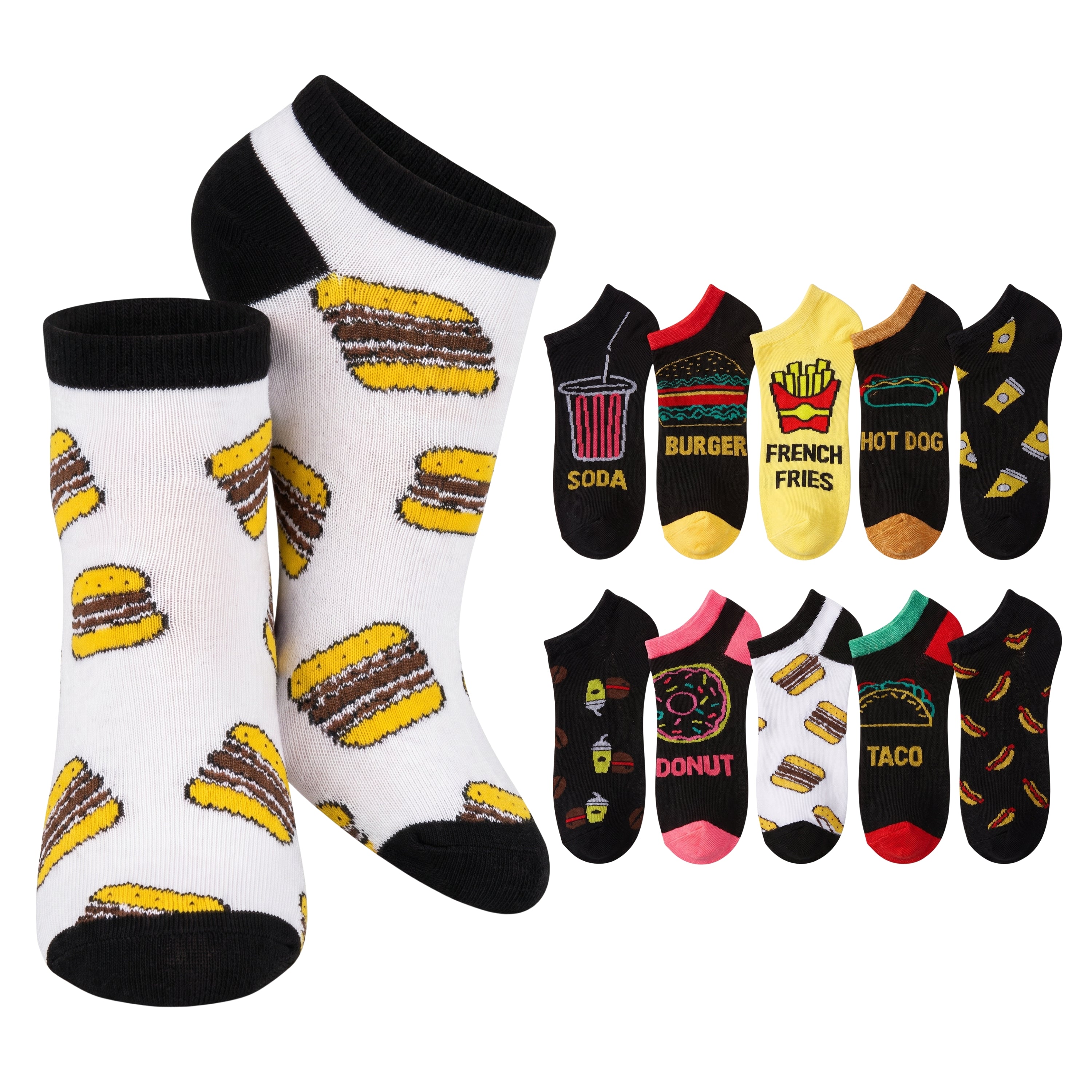 A set of novelty low-cut socks with food-themed graphics, featuring a pair of white socks with yellow and brown hamburger prints, and nine other black socks with different food prints like burgers, fries, hot dogs, pizza, soda, donuts, tacos, and sushi on a white background.