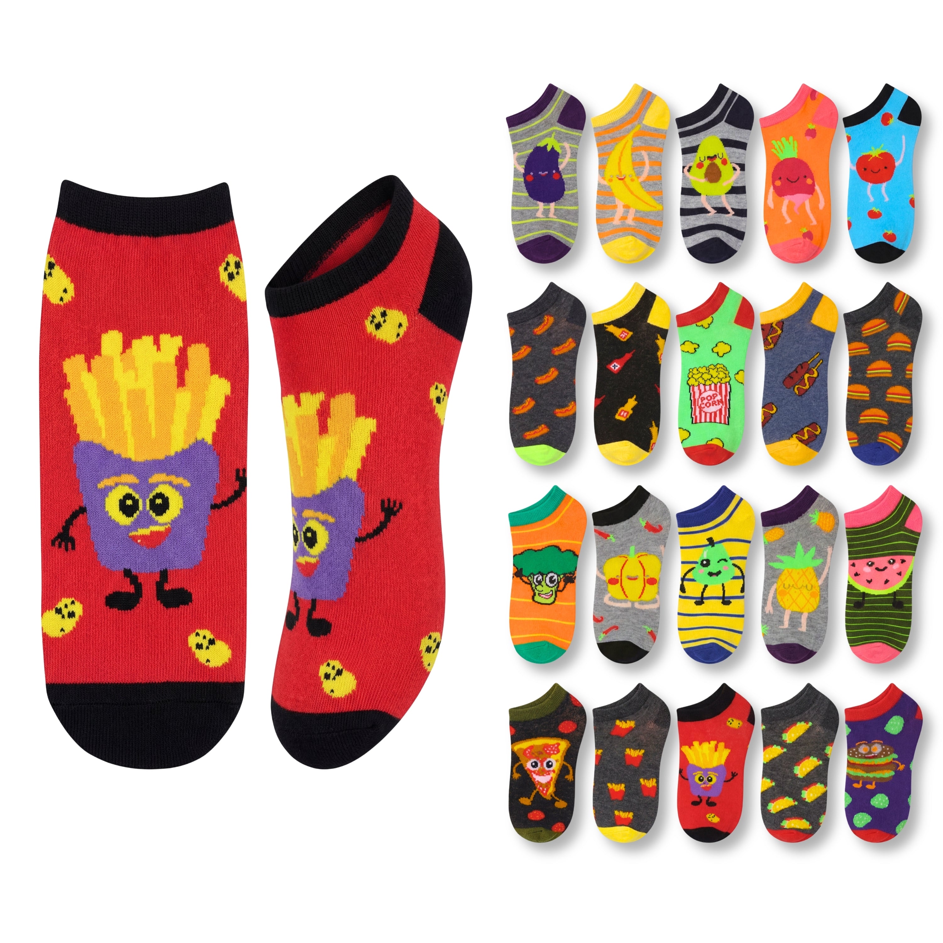 Colorful socks with various designs on a white background