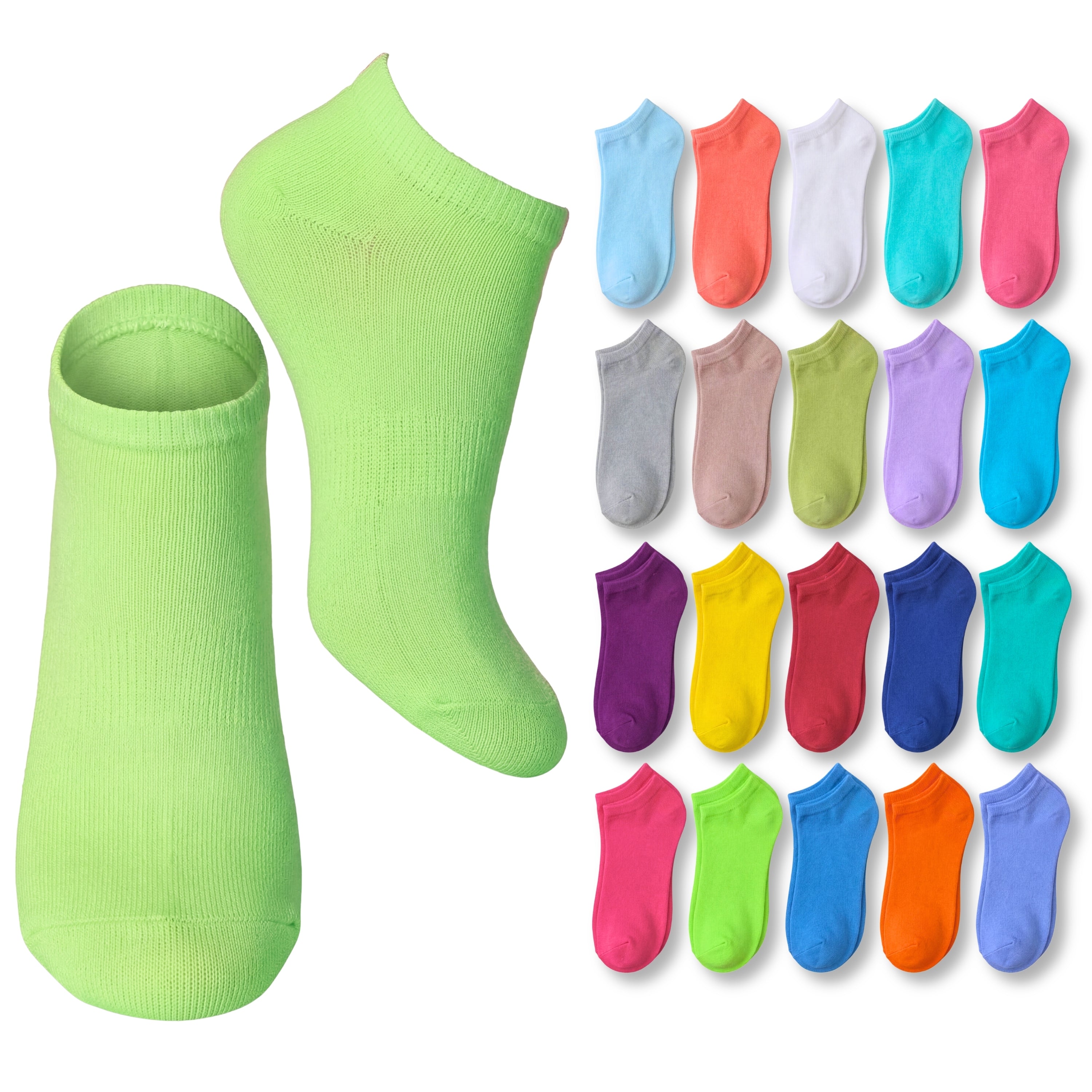 Assorted colorful socks with a green sock and container on a white background