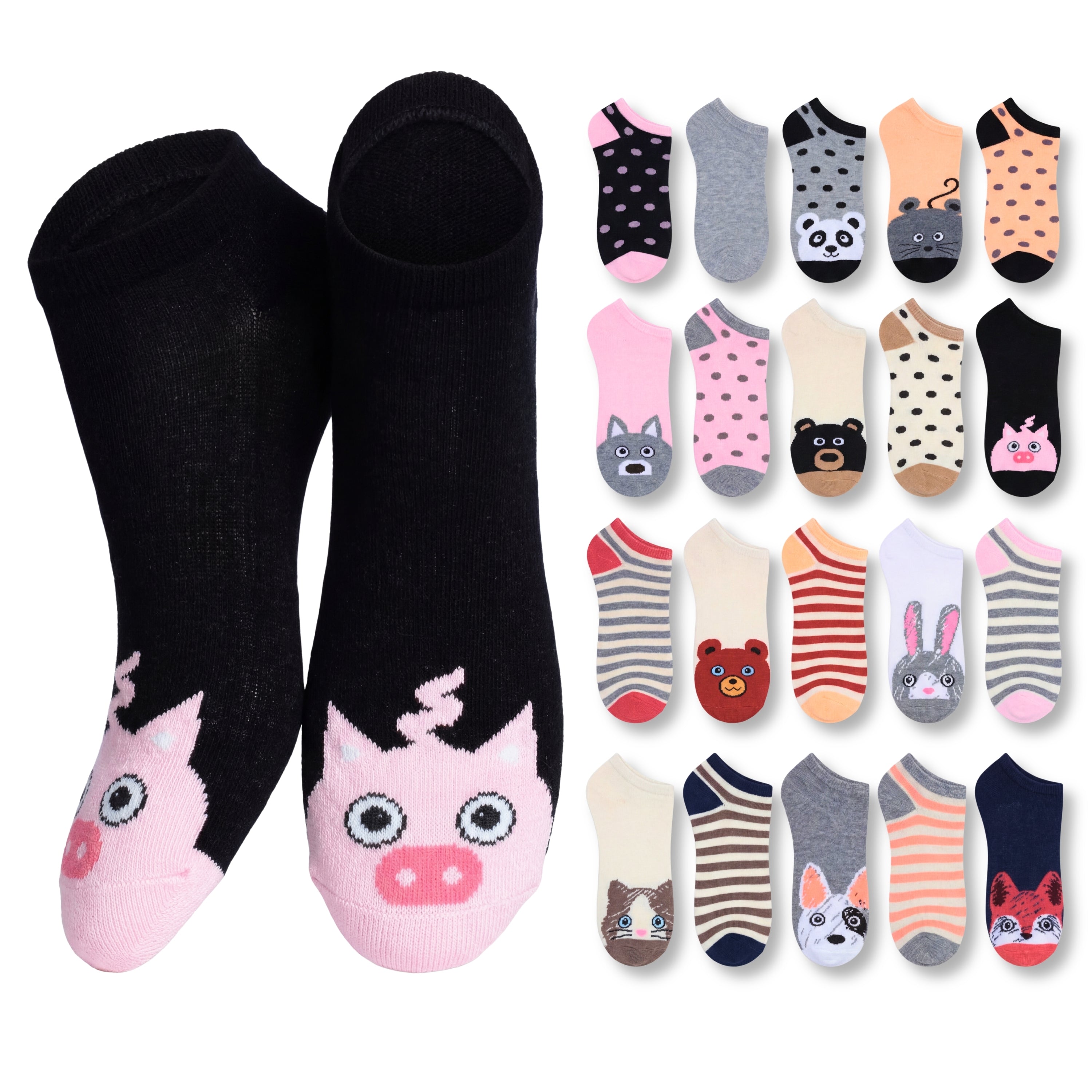 Set of cartoon animal socks with a prominent black sock featuring a pig design.