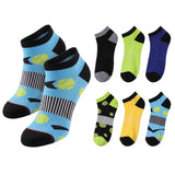 Six pairs of low-cut ankle socks displayed on a plain white background. The left pair is light blue with black and gray stripes, yellow tennis-ball motifs, and black toe/heel areas.
