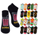 Collection of colorful socks with various designs on a white background