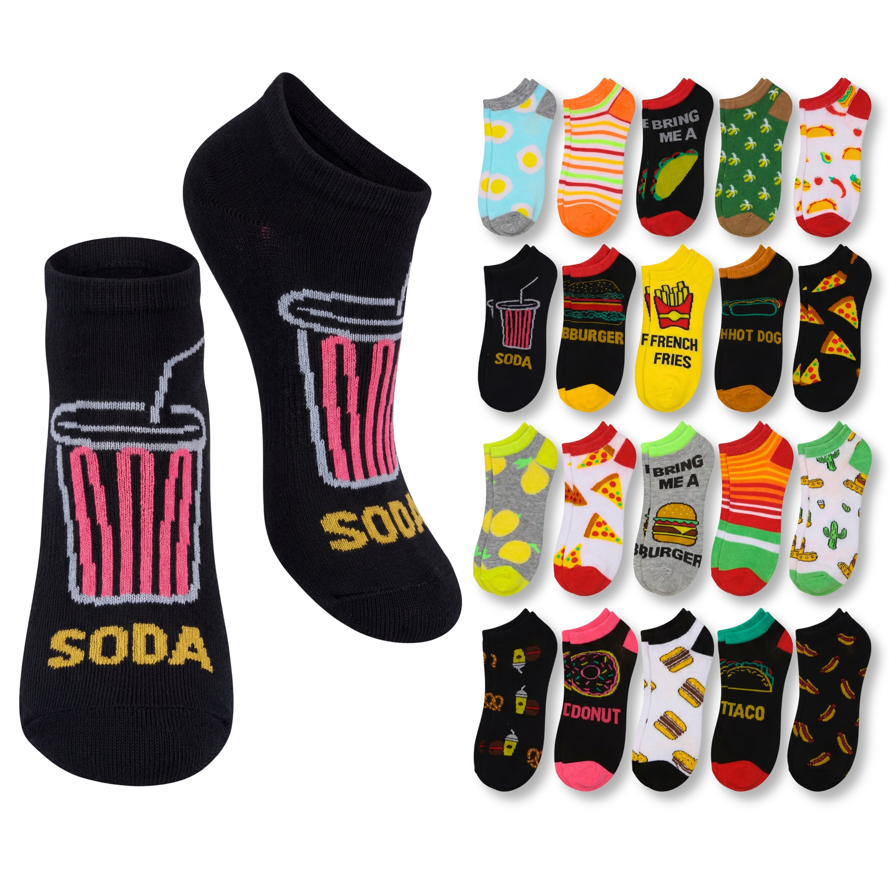 Collection of colorful socks with various designs on a white background