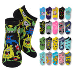 Colorful cartoon socks with various designs on a white background