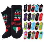 Collection of socks with various designs and colors on a white background