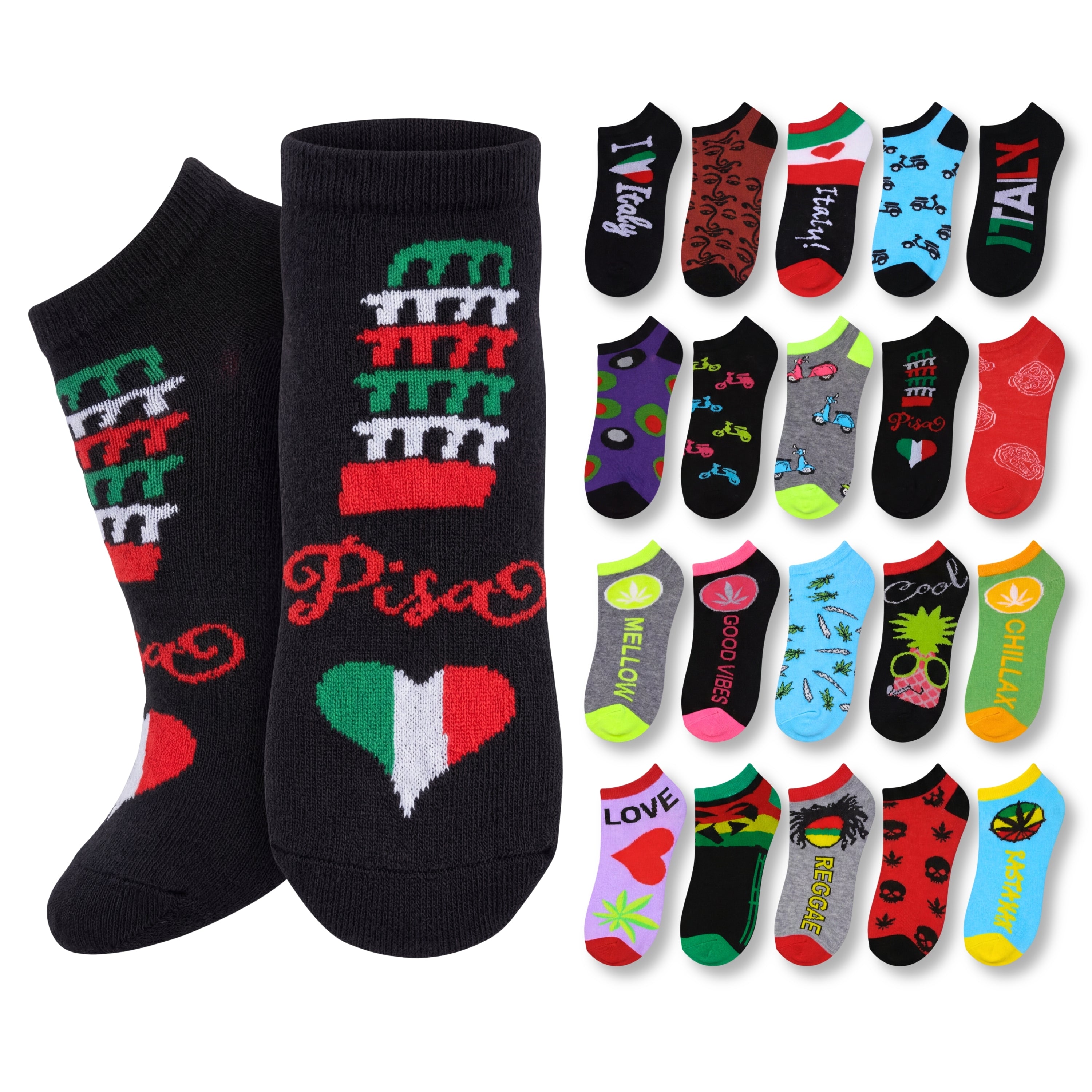 Collection of socks with various designs and colors on a white background