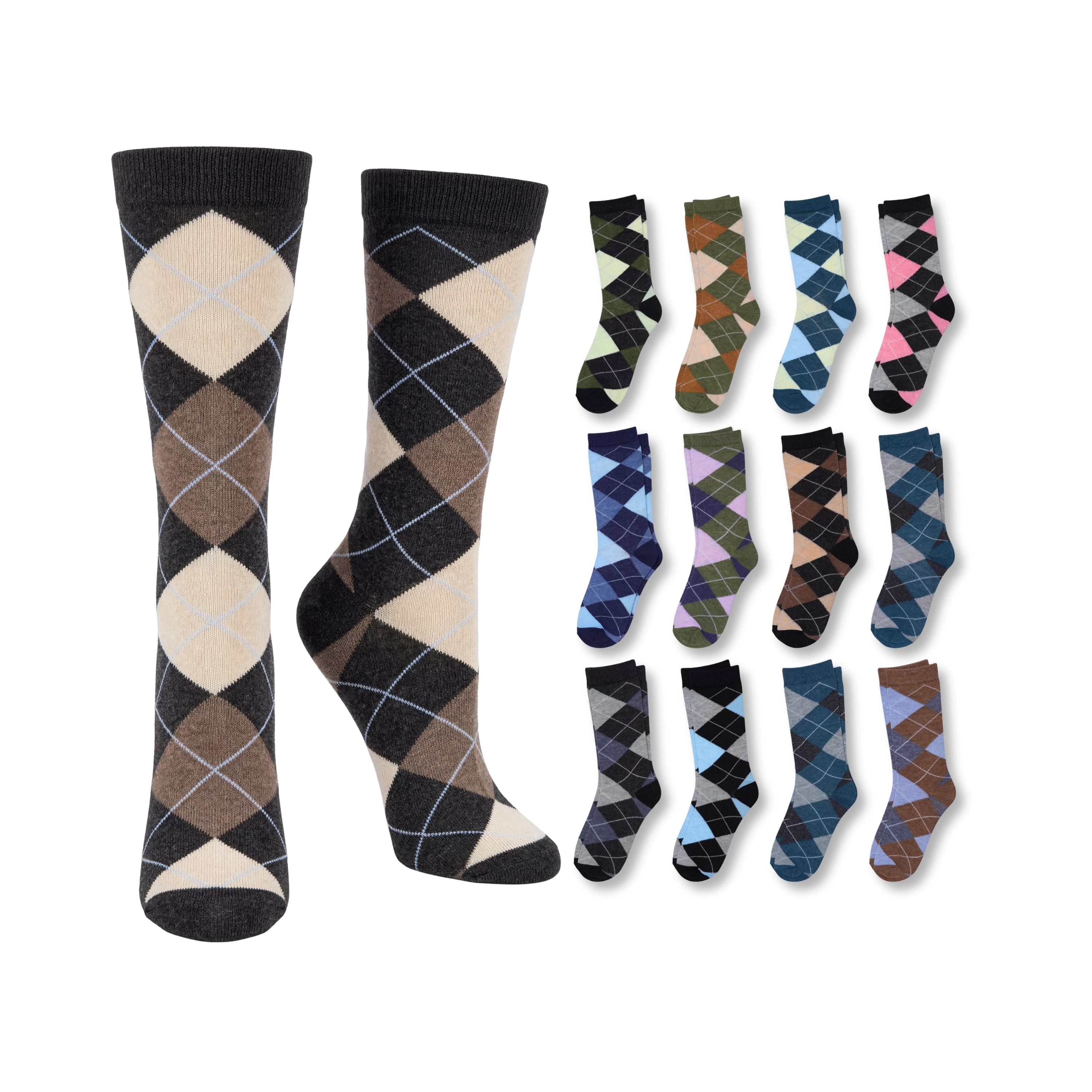 Collection of argyle patterned socks on a white background