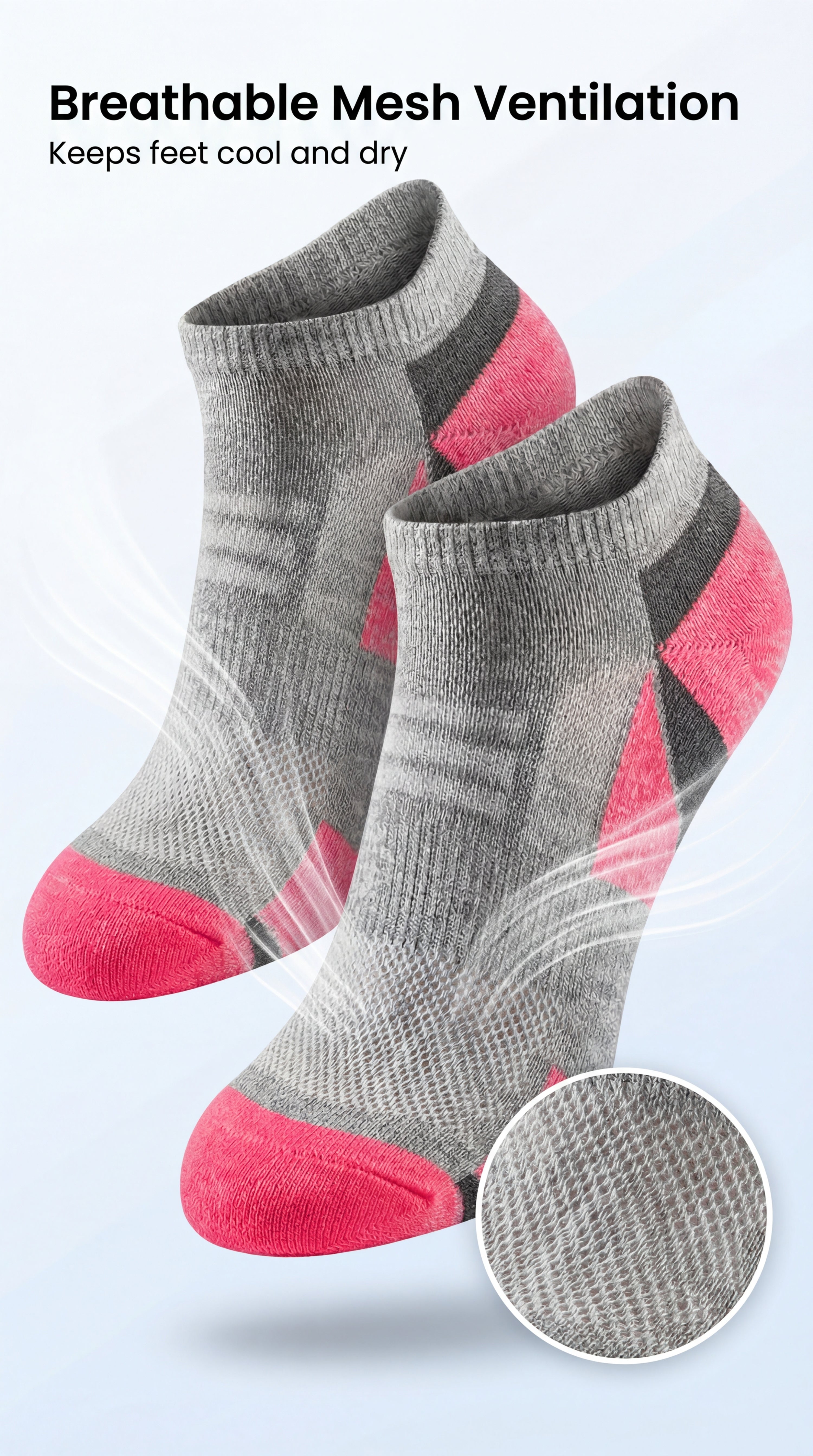 Gray and pink socks with breathable mesh ventilation on a light gray background