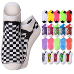 Checkered ankle socks with a row of colorful no-show socks on a white background