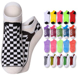 Checkered ankle socks with a row of colorful no-show socks on a white background