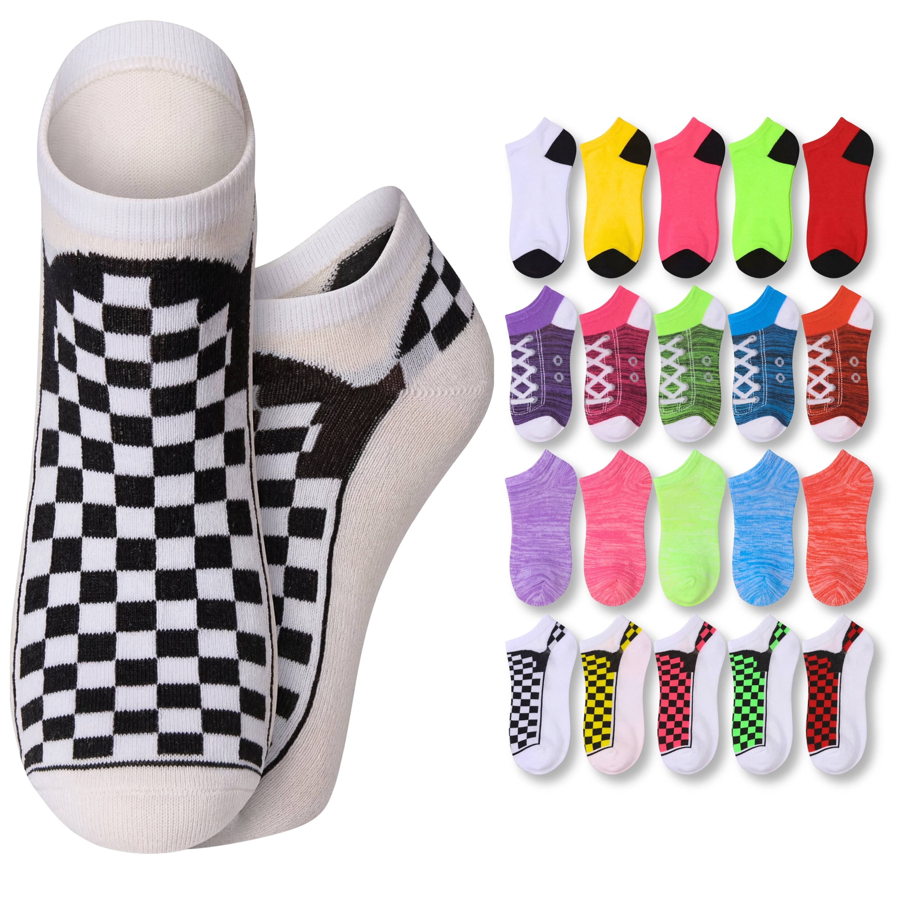 Checkered ankle socks with a row of colorful no-show socks on a white background