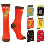 A set of novelty crew socks displayed on a white background, featuring a large red sock with a hot dog illustration and text on the left, and six smaller color variants on the right including red, green, black, and yellow options with food-themed prints.